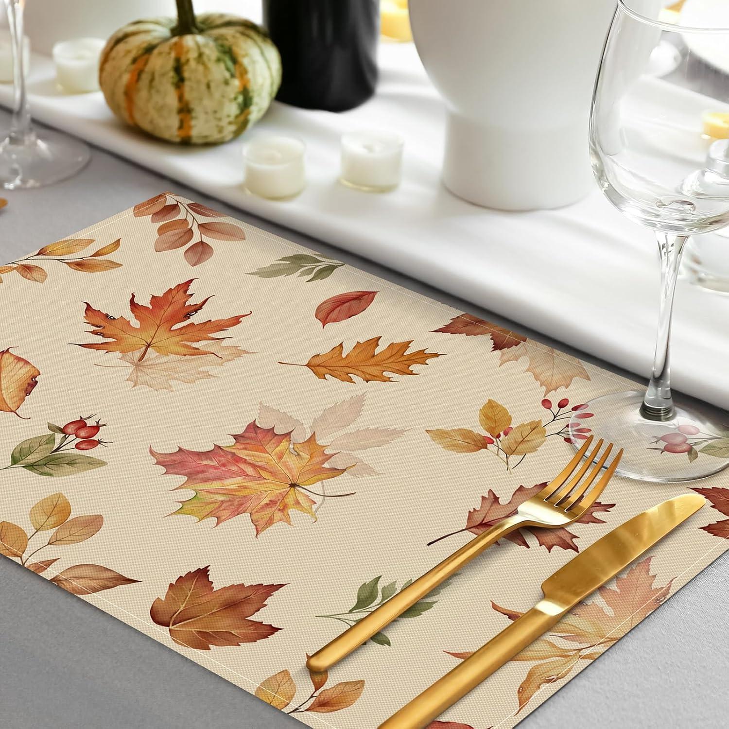 Fenyluxe  Maple Leaves Fall Placemats Set of 4,Thanksgiving Seasonal Table Mats for Party Kitchen Dining Decoration 18x12in