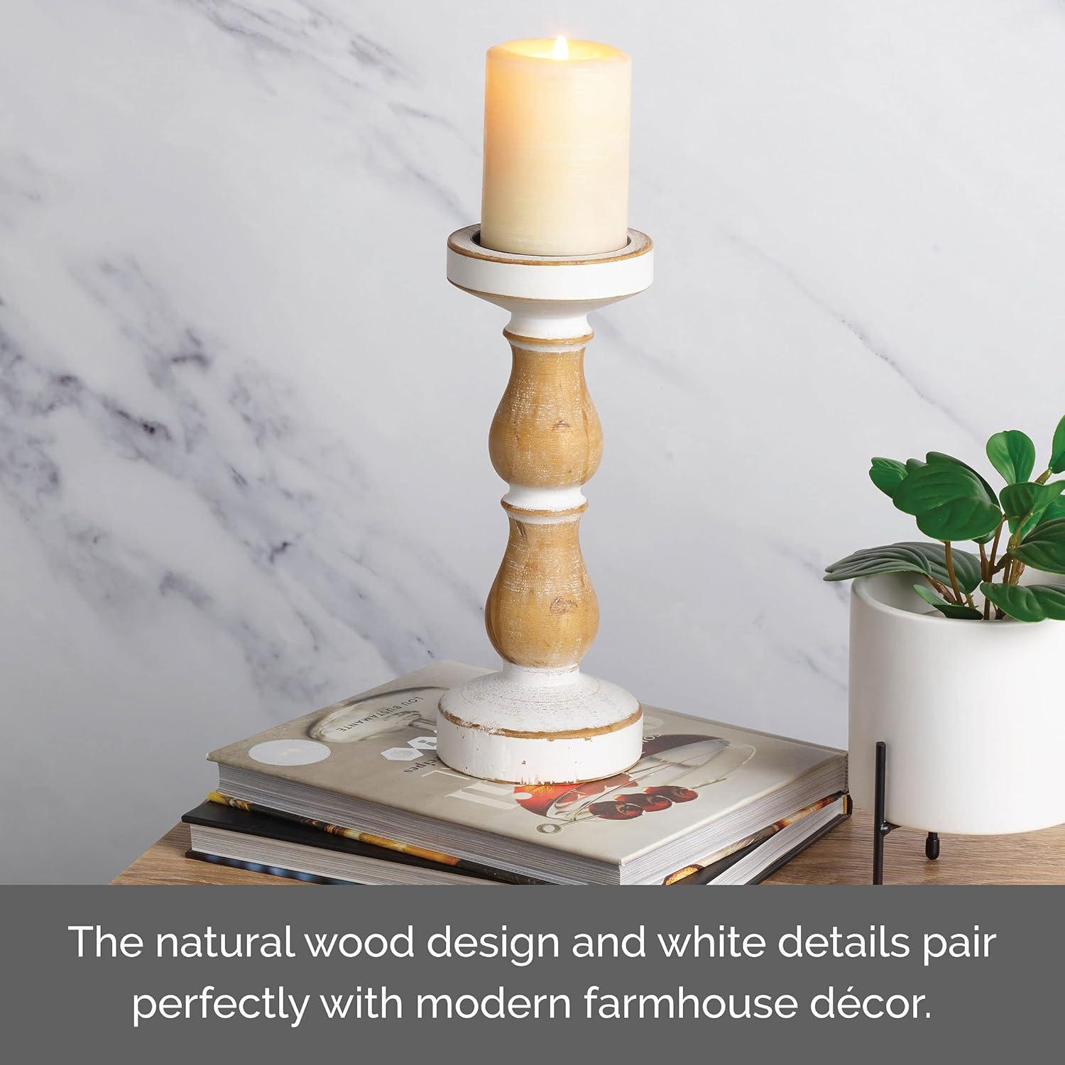 Elements 10 Inch White Natural Wood Candle Holder