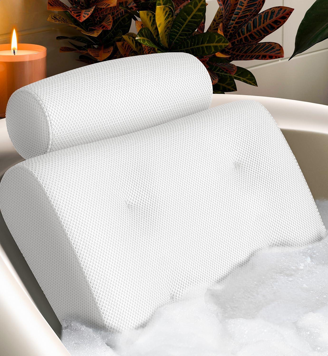 White Mesh Ergonomic Bath Pillow with Suction Cups