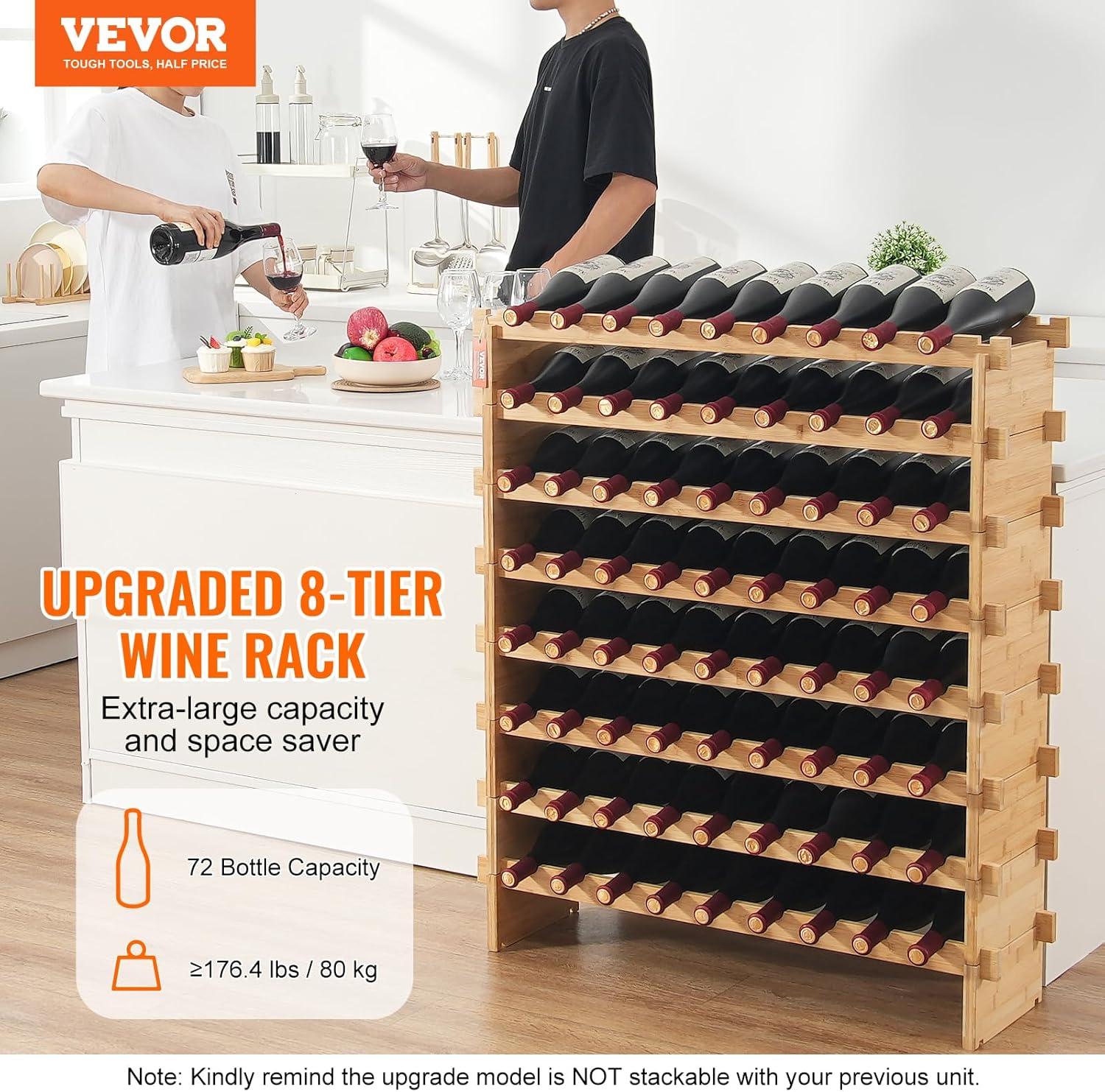 Natural Bamboo 72-Bottle Modular Wine Rack with 8 Tiers