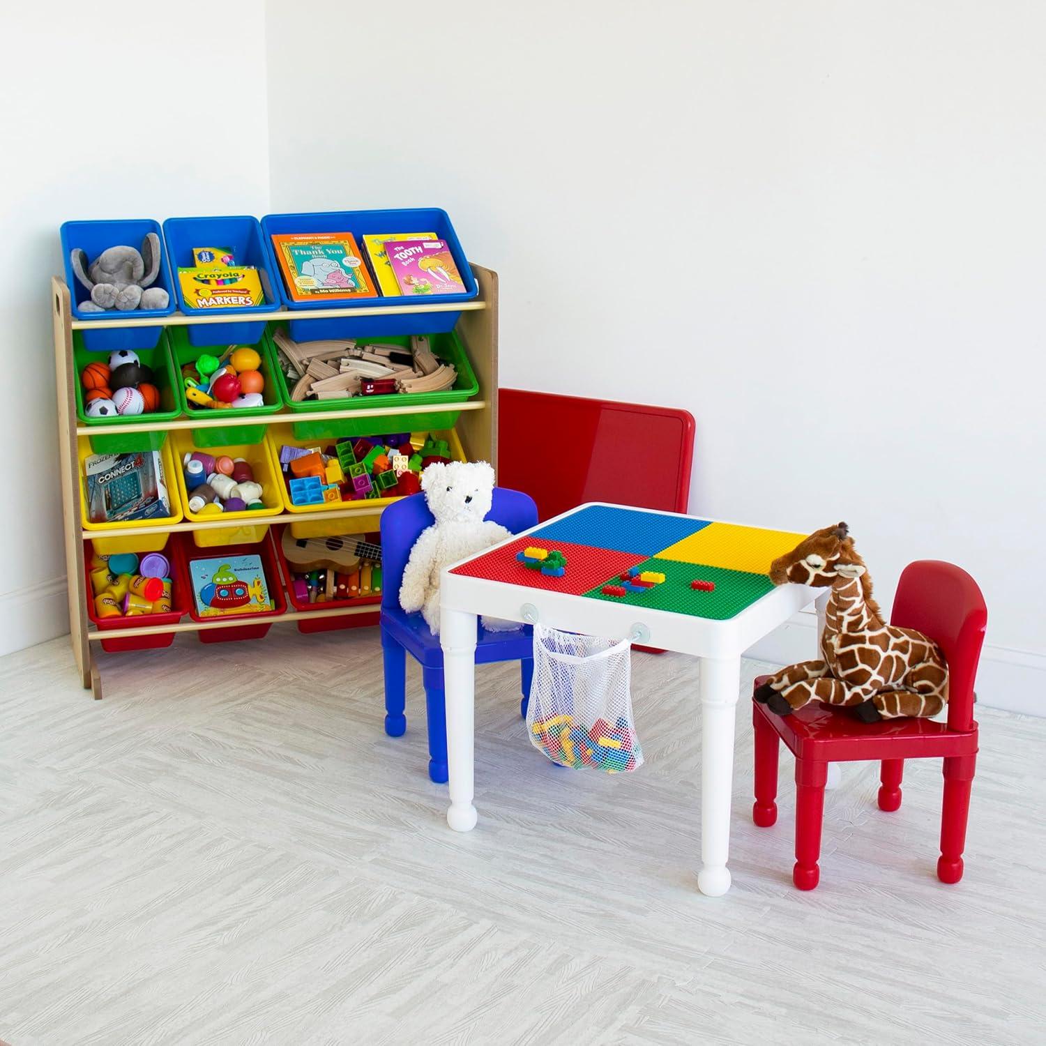 Natural Wood Kids Toy Storage Organizer with 12 Colorful Bins