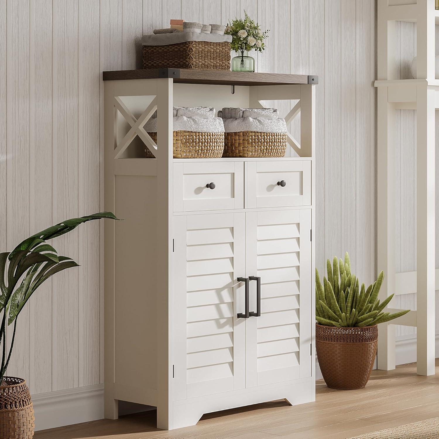 White Farmhouse Bathroom Storage Cabinet with Adjustable Shelving