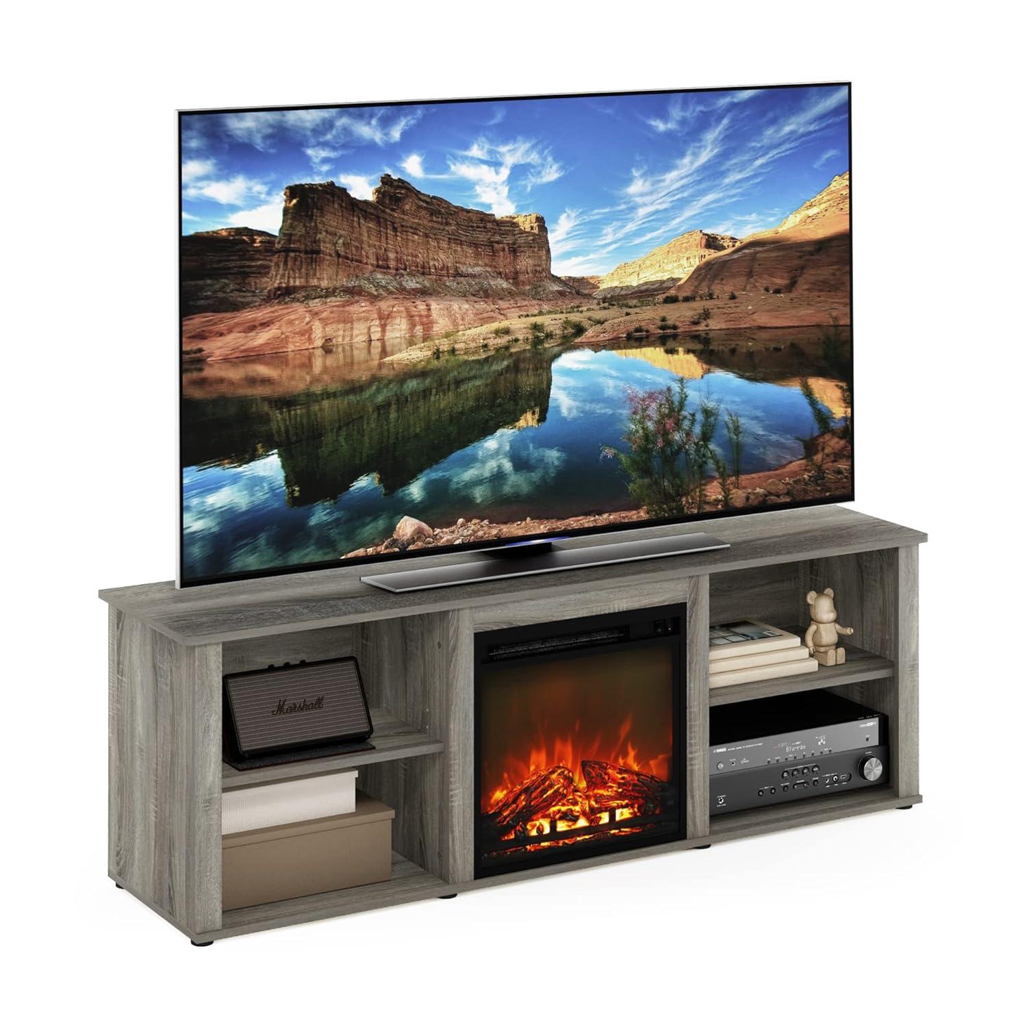Furinno Montale 70 Inch TV Stand with Fireplace, French Oak Grey