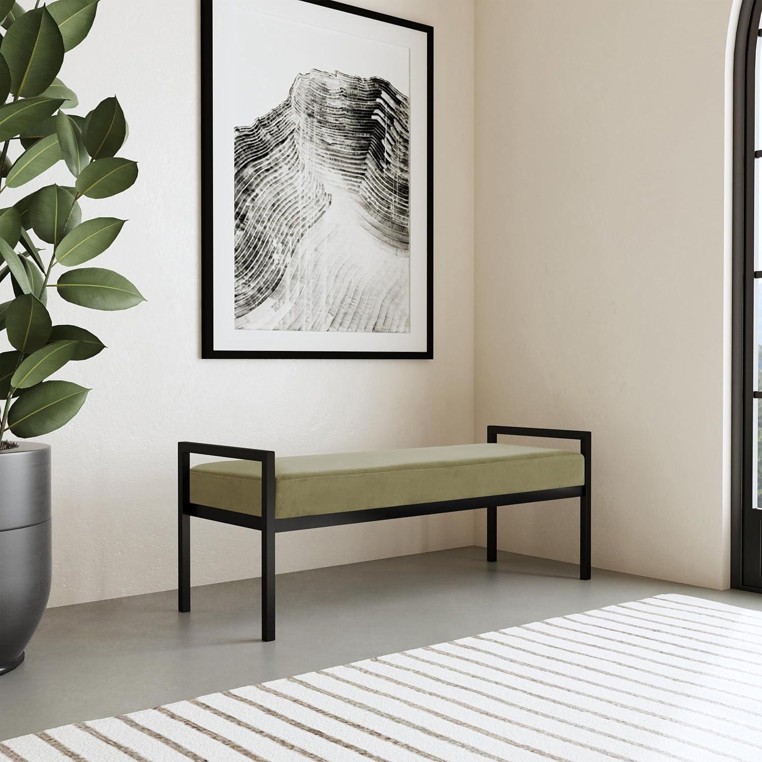 Sage Green Velvet and Black Metal Bedroom Bench with Storage