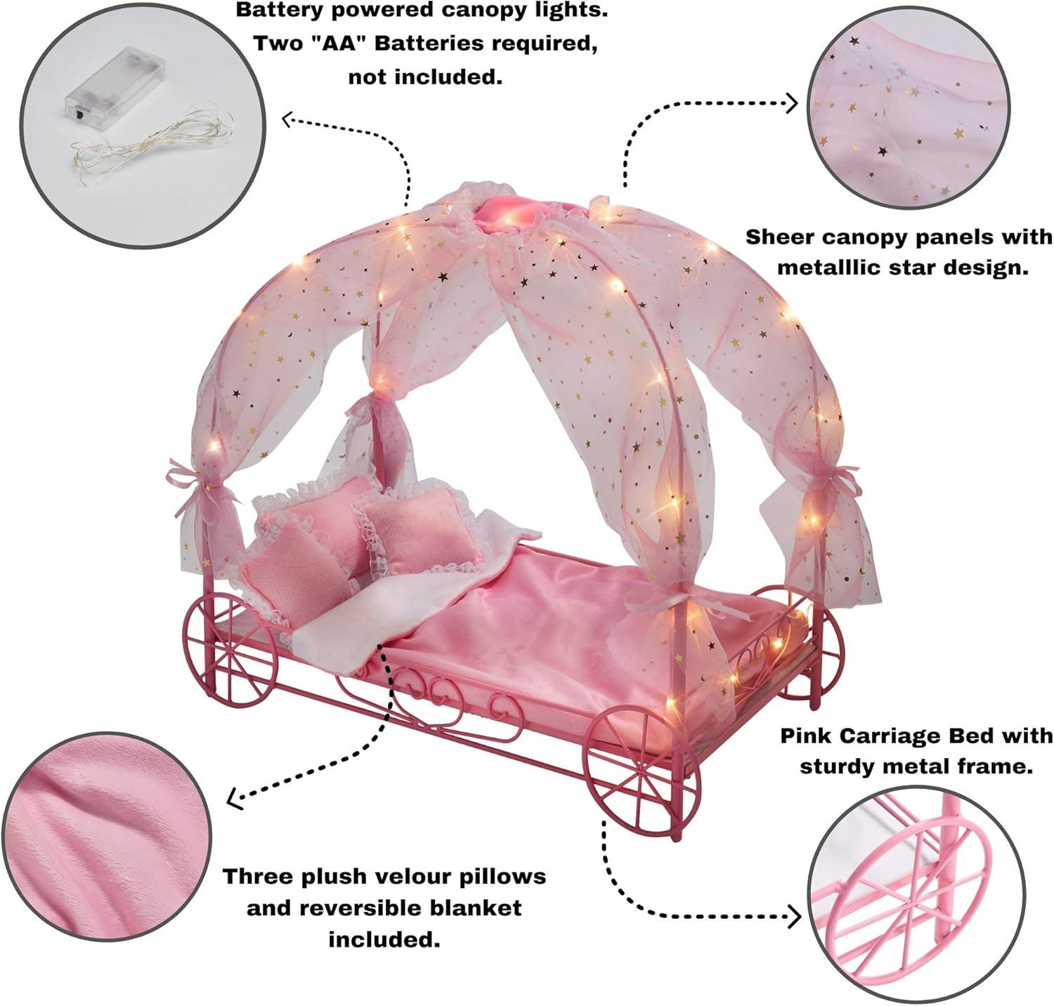 Badger Basket Royal Carriage Doll Bed with Canopy, Bedding and LED Lights