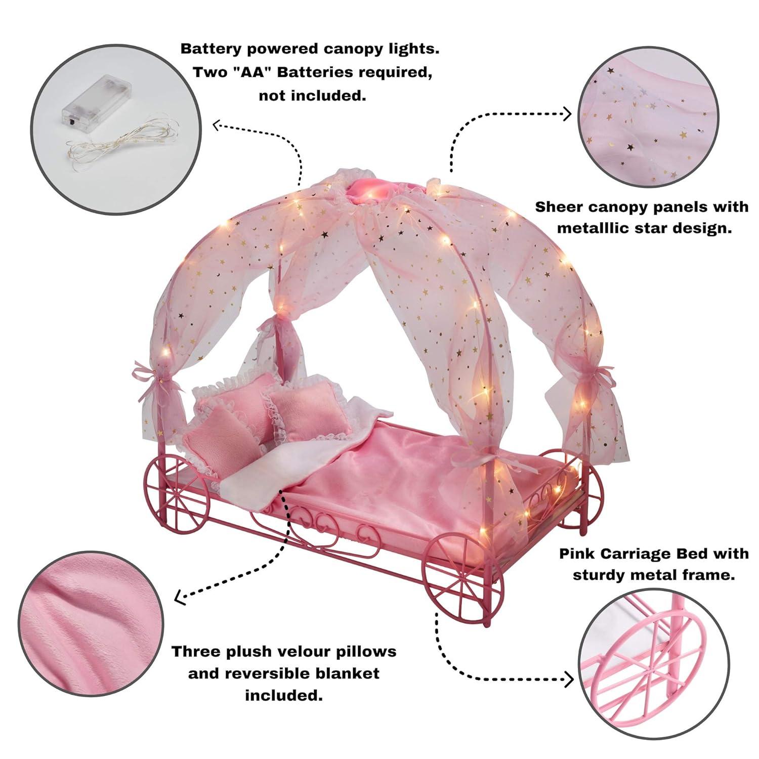 Badger Basket Royal Carriage Doll Bed with Canopy, Bedding and LED Lights