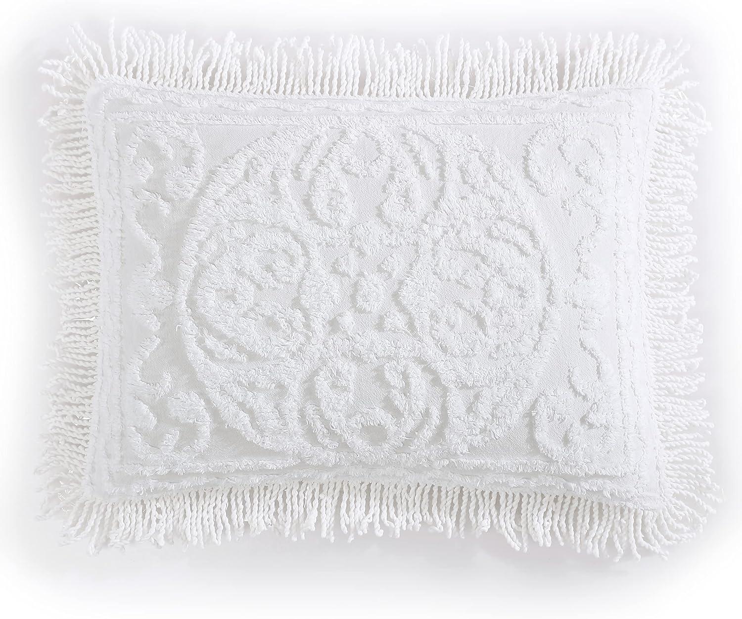 White Cotton Medallion Chenille King Sham with Fringed Hem