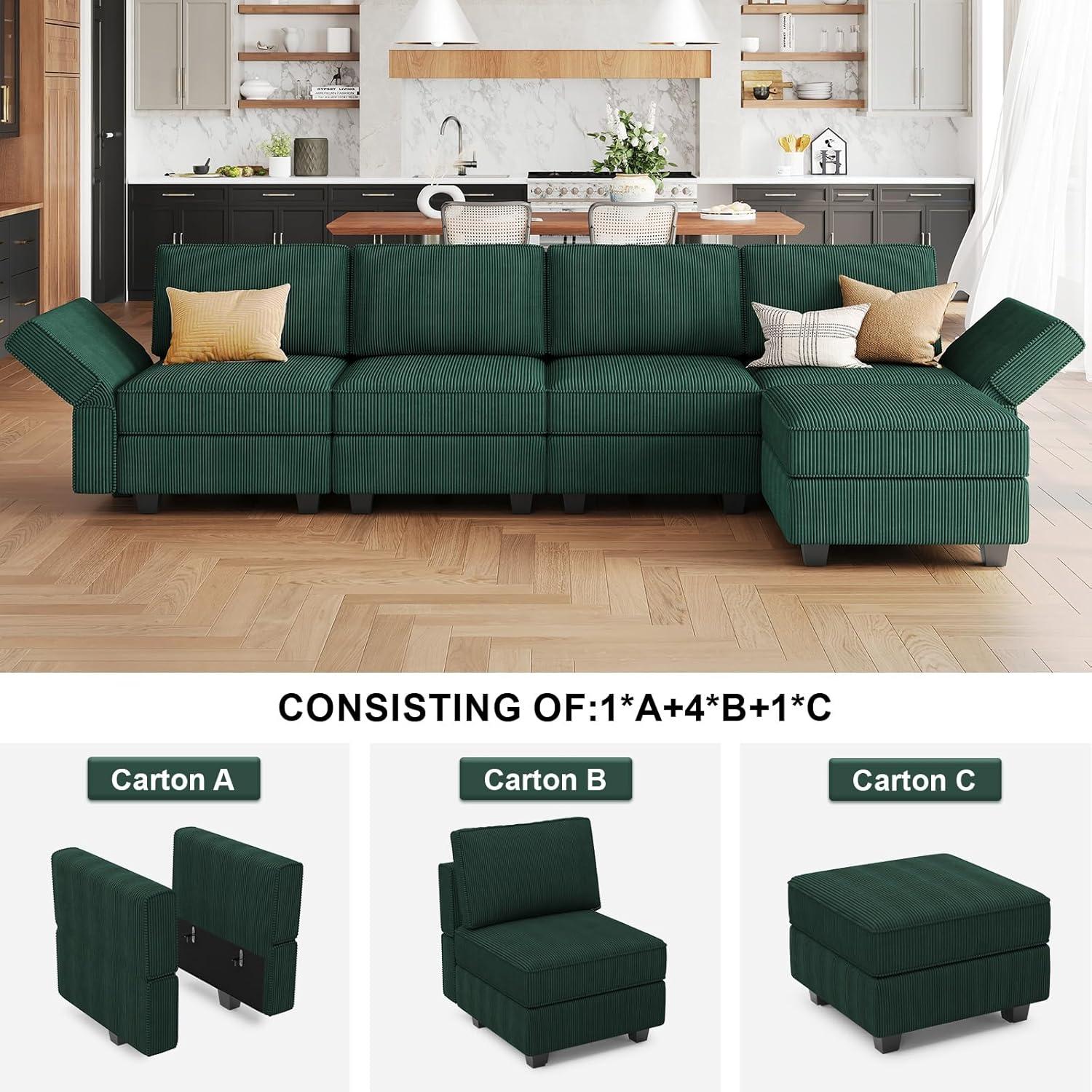 L Shaped Sofa Apartment Storage Couch Soft Corduroy Sofa Sectional Modular Sofa With Movable Ottoman