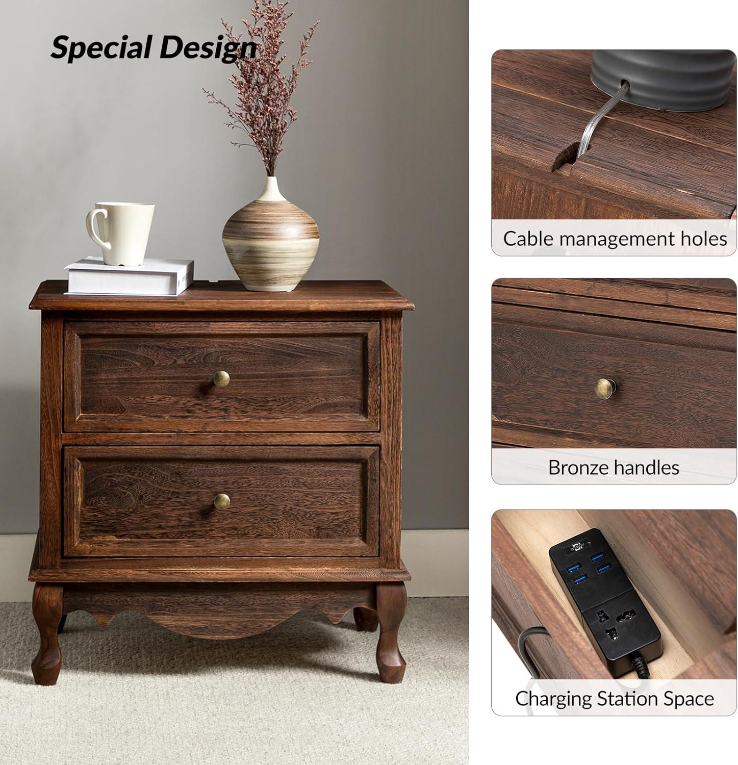 Walnut 24'' Tall 2-Drawer Nightstand Set with Charging Station