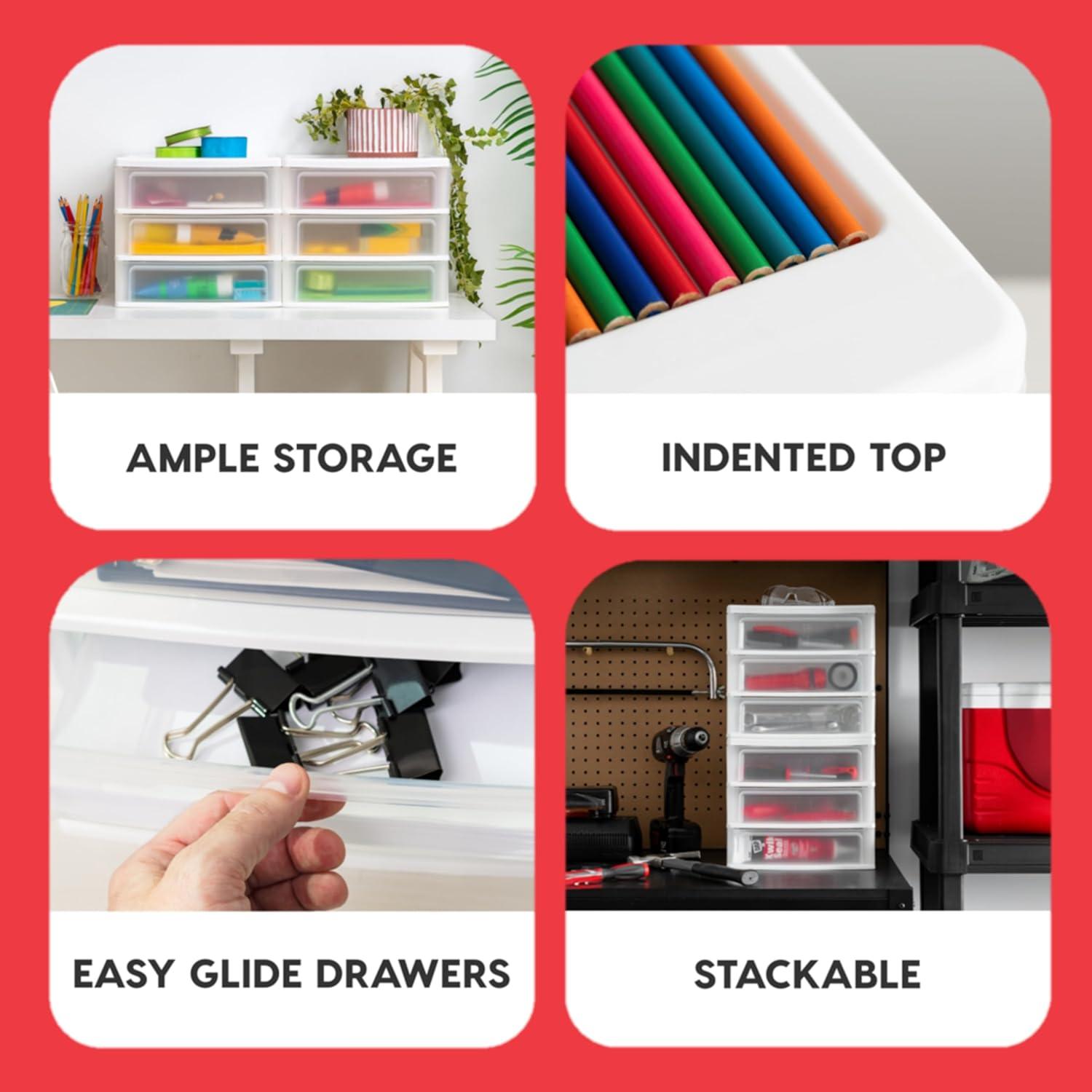 IRIS USA Medium 3-Drawer Stacking Desktop Organizer, 1 Pack, Plastic Drawer Storage Container for Stationery Art Craft Supplies, White