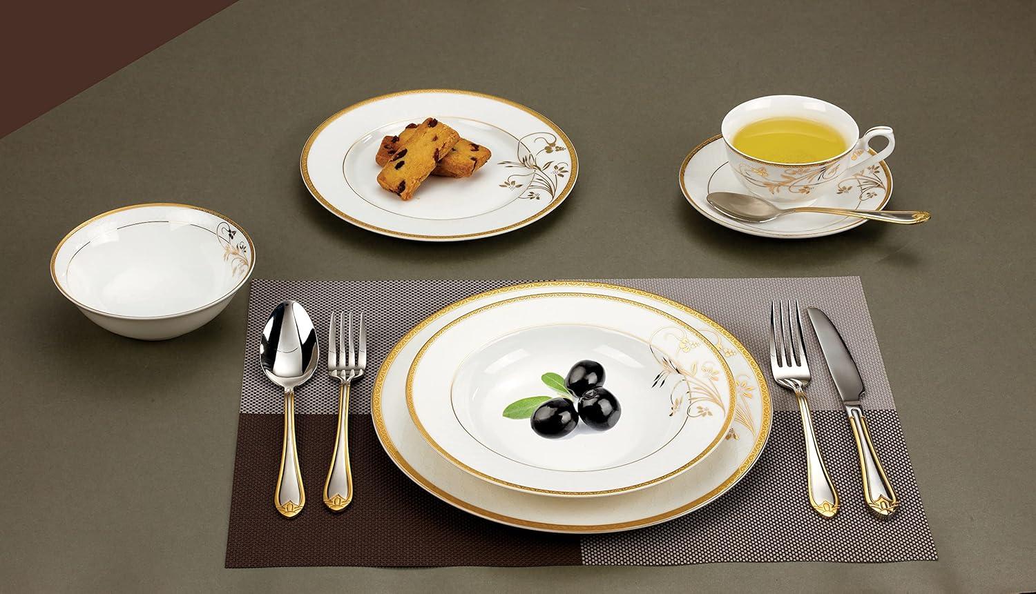 Rosalia Gold Floral Embossed Bone China Dinnerware Set, Service for 4