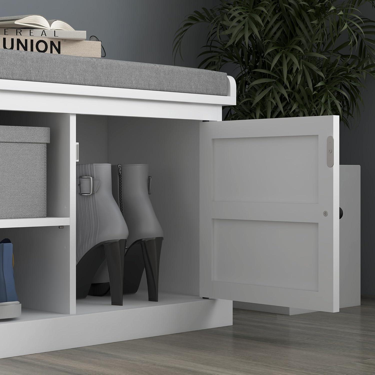 White MDF Shoe Storage Bench with Gray Cushion and Cabinets