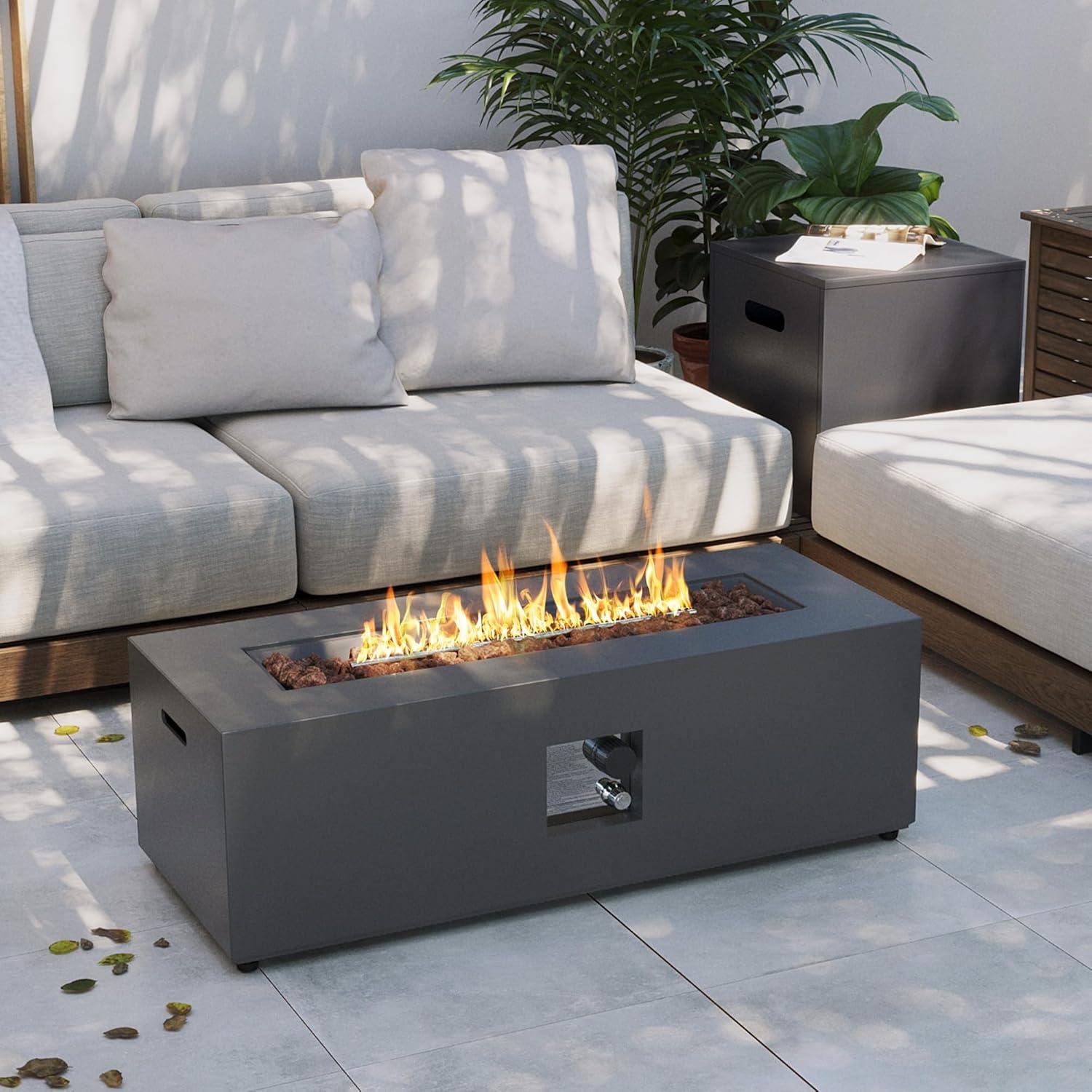 UPHA 42-inch Outdoor Propane Rectangle Fire Pit Table 50000 BTU Iron Gas FirePit for Outside Patio with Tank Cover, Removable Lid, Lava Rocks, Rain Cover, Grey
