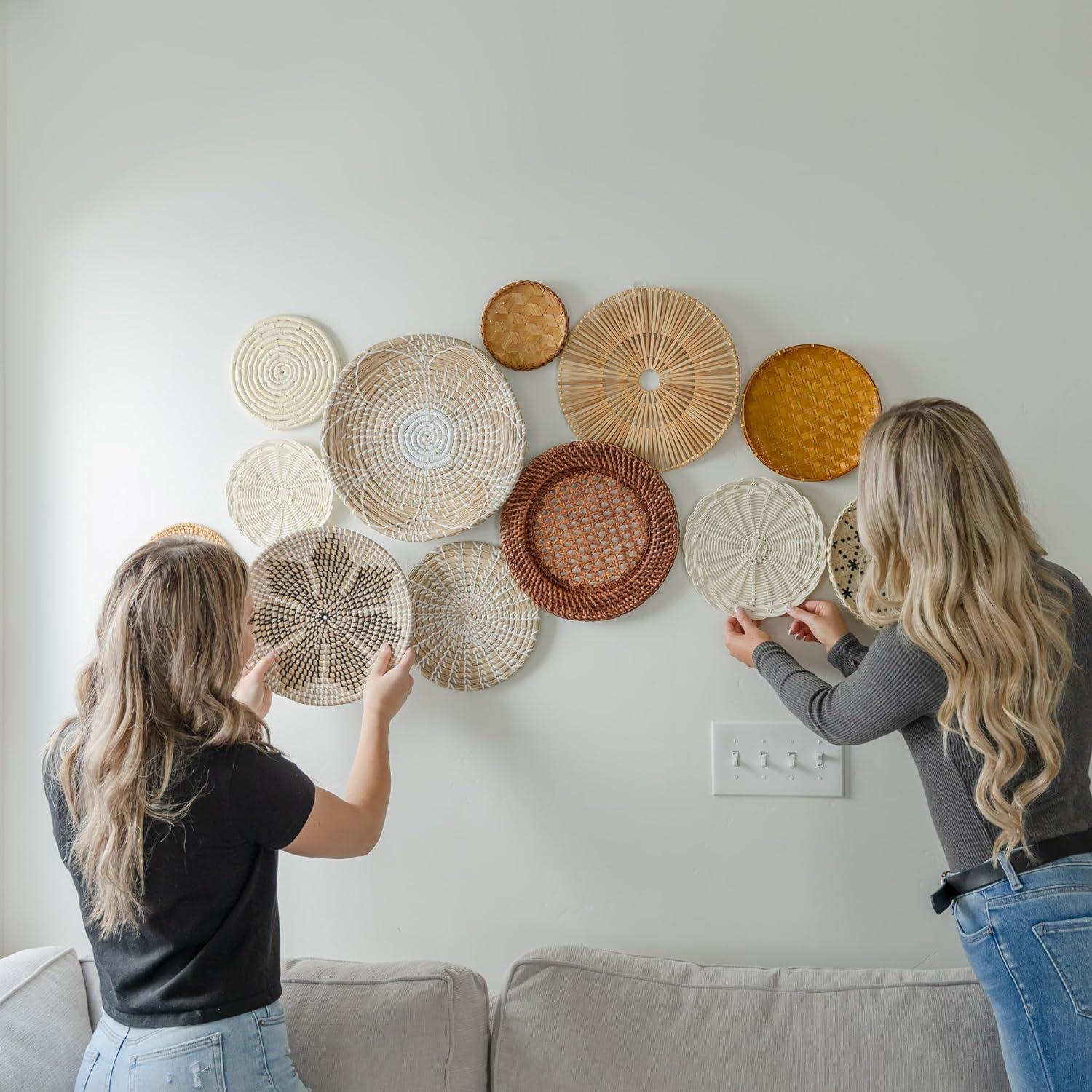 Hanging Woven Wall Basket Set - 7 Unique Handcrafted Seagrass Baskets for Boho, Farmhouse & Rustic Wall Decor, Table Settings & More - Ready to Hang with Nails & Marking Pencil Included