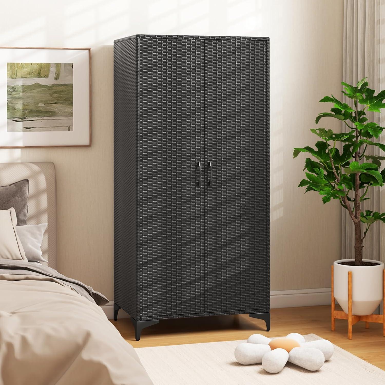 Canddidliike 62 Inch Wicker Wardrobe with 2 Doors PE Rattan Closet with Hanging Rod-Black, Storage Organizer for Bedroom, Non-Woven Fabric Cover