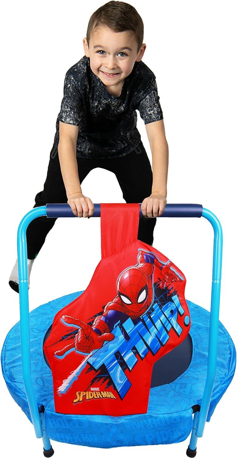 Marvel Spider-Man Trampoline for Kids, Indoor Mini Toddler Trampoline with Foam Handle Bar, Round Jumping Mat, Blue