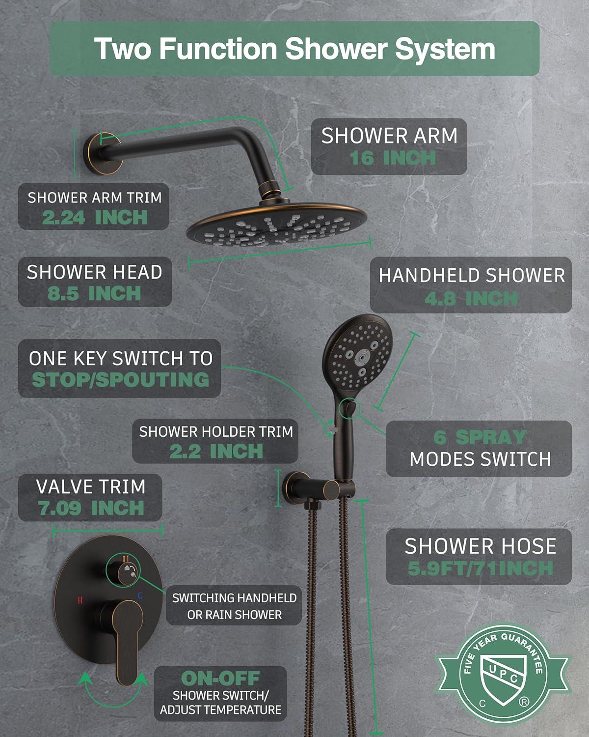 SunCleanse Oil Rubbed Bronze Shower System, Shower Faucet Sets Complete with Rain Shower Head and 7-Settings Handheld Shower Spray, Included Rough in Valve and Trim Kit