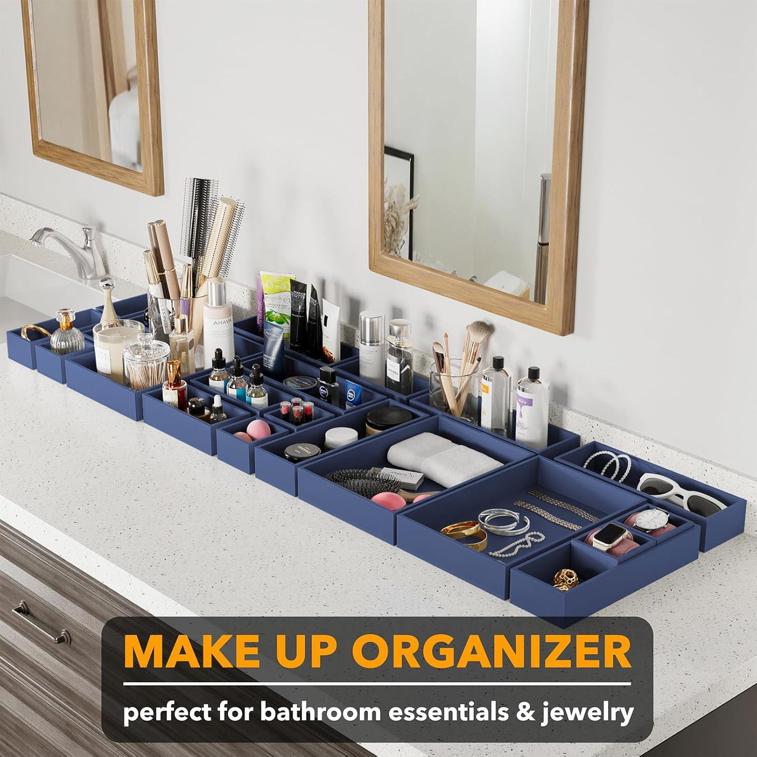 SpaceAid 21-Piece Bamboo Drawer Organizer Storage Boxes Set, Wood Tray Junk Drawer Organizers Multi-Use Divider Bins for Kitchen, Bathroom, Office Desk and Makeup Organization (21 Pack, Navy Blue)