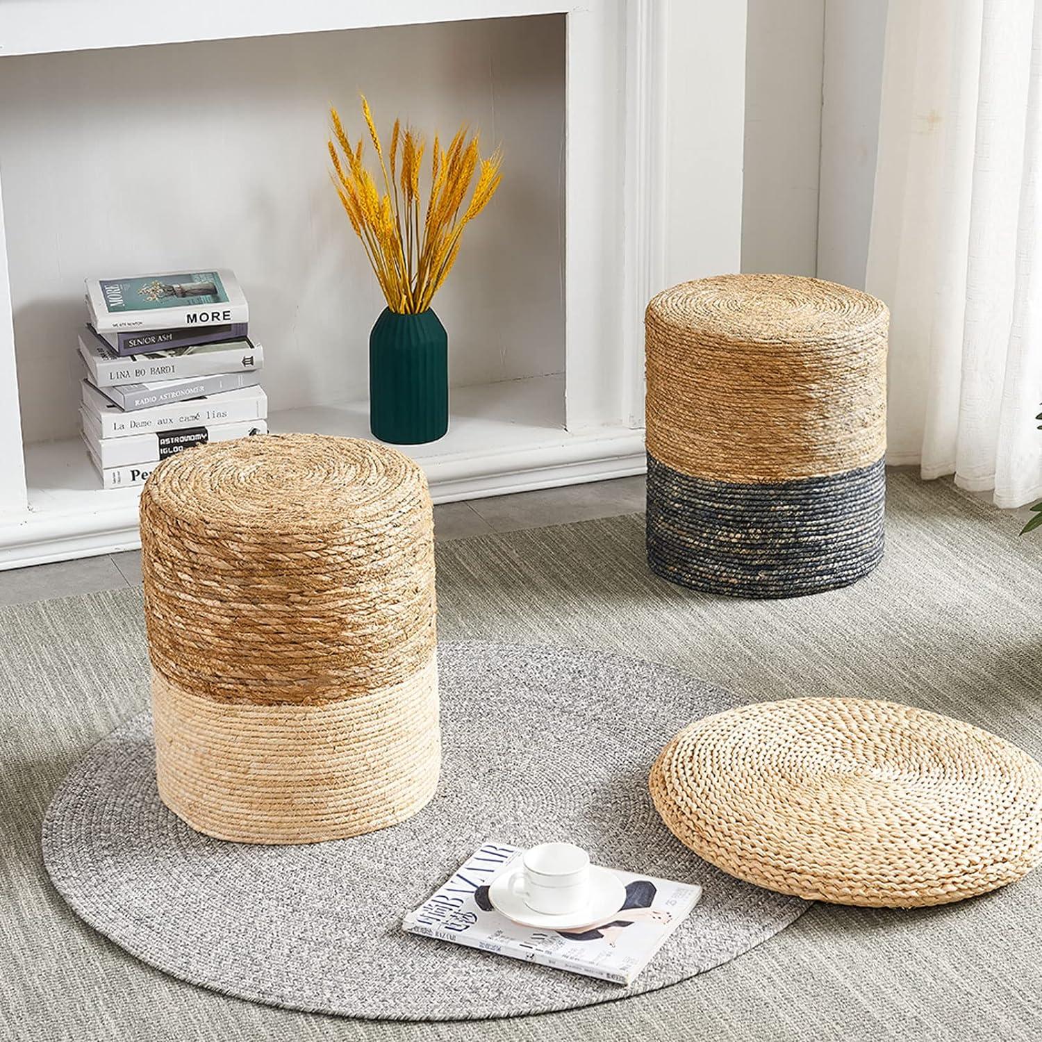 Mxfurhawa Seagrass Pouf Ottoman Round Accent Foot Rest Stool Outdoor, Natural & White