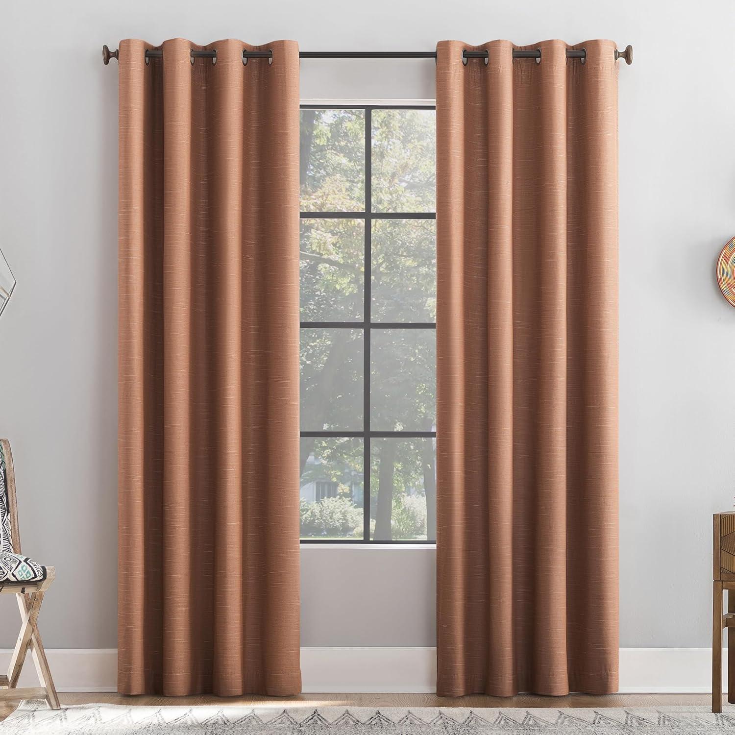 50"x84" Archaeo Total Blackout Textured Linen Blend Grommet Top Curtain Panel Pecan Brown: Modern Noise Reduction