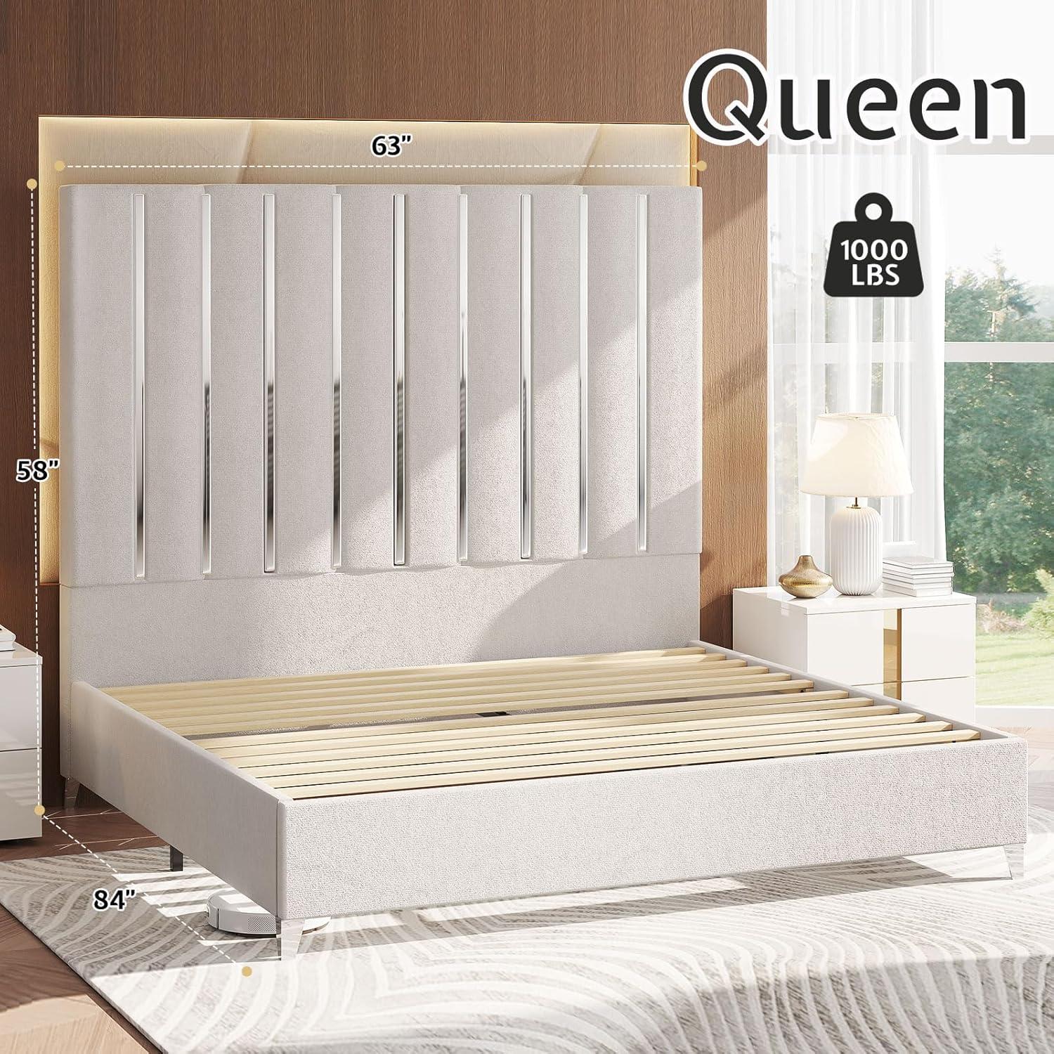 Merluxy Queen Bed Frame with 58" Tall Headboard,Silver Plating Trim,Velvet Upholstered,Cream