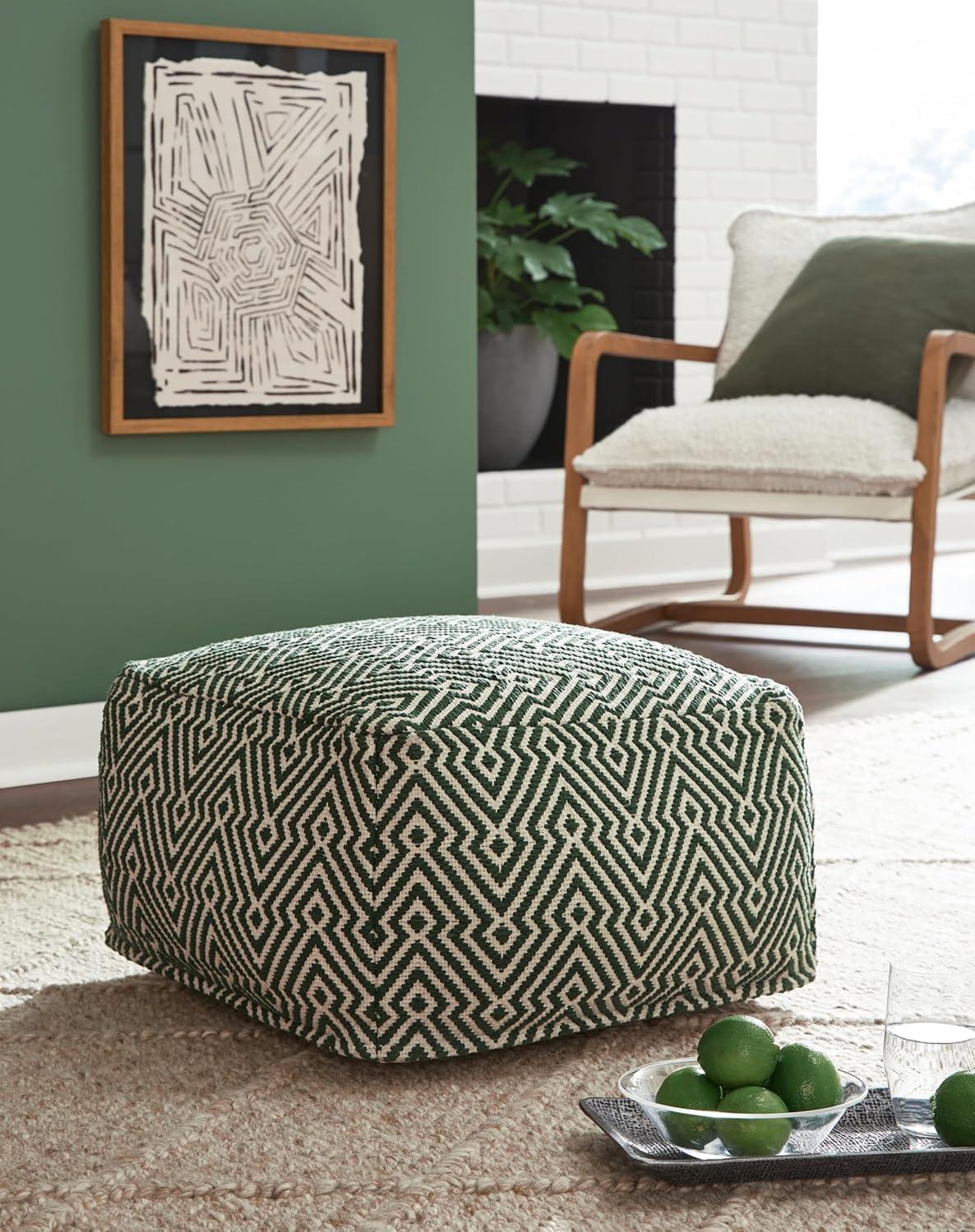 Green and White Handwoven Geometric Cotton Pouf