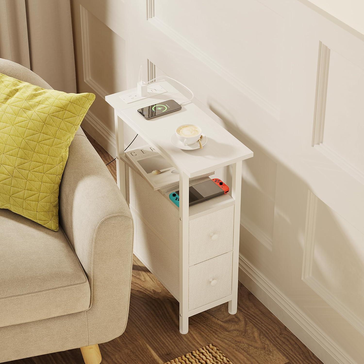 End Table with Charging Station, Narrow Side Table with 2 Fabric Drawers, Skinny Nightstand with LED Light, Slim Bedside Table for Bedroom, Living Room, Small Spaces, White