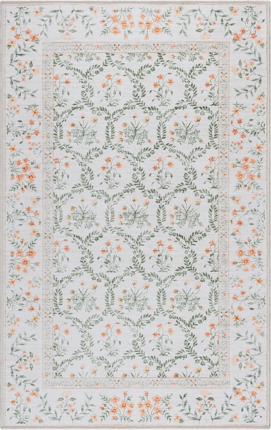 Ivory and Green Floral Synthetic Area Rug, 3x5