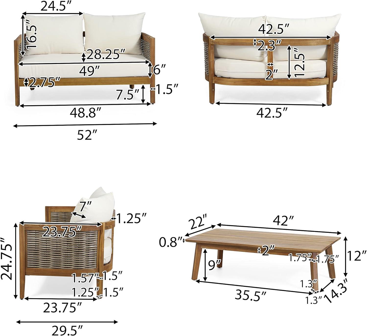 Burchett Acacia Wood and Wicker Outdoor 4-Seater Chat Set with Beige Cushions