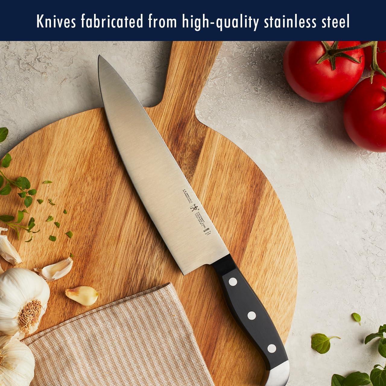 Henckels Statement Self-Sharpening Knife Set with Block, Chef Knife, Paring Knife, Bread Knife, Steak Knife, 14-piece, Dark Brown, Stainless Steel