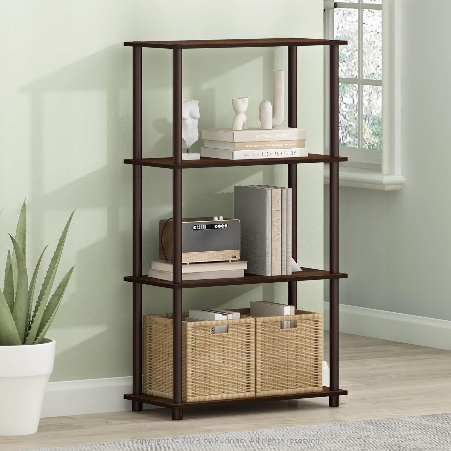 99557WN-BR Turn-N-Tube 4-Tier Multipurpose Shelf Display Rack - Walnut & Brown