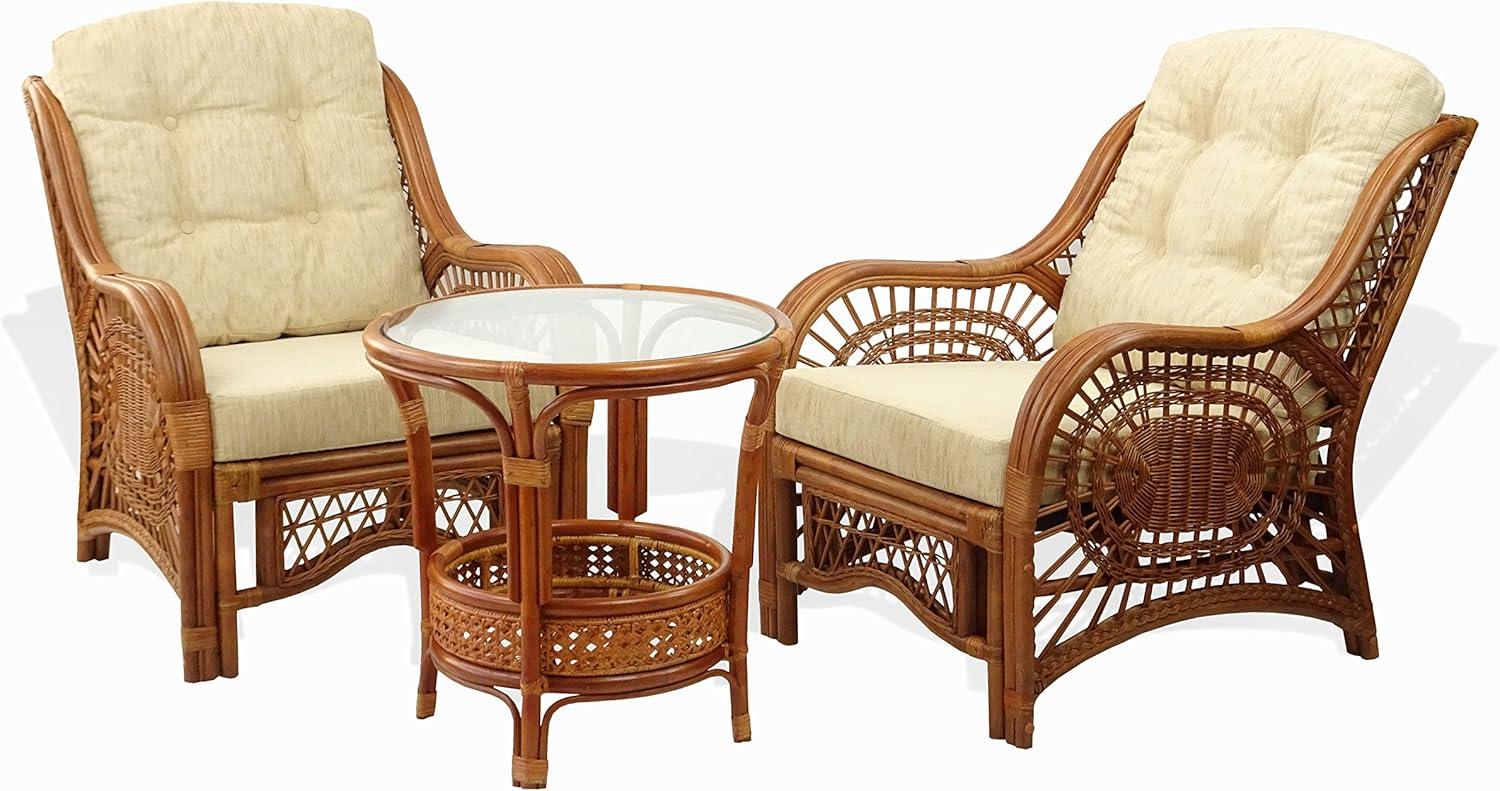 SK New Interiors Pelangi Coffee Round Table Natural Rattan Wicker with Glass Top Handmade, Colonial