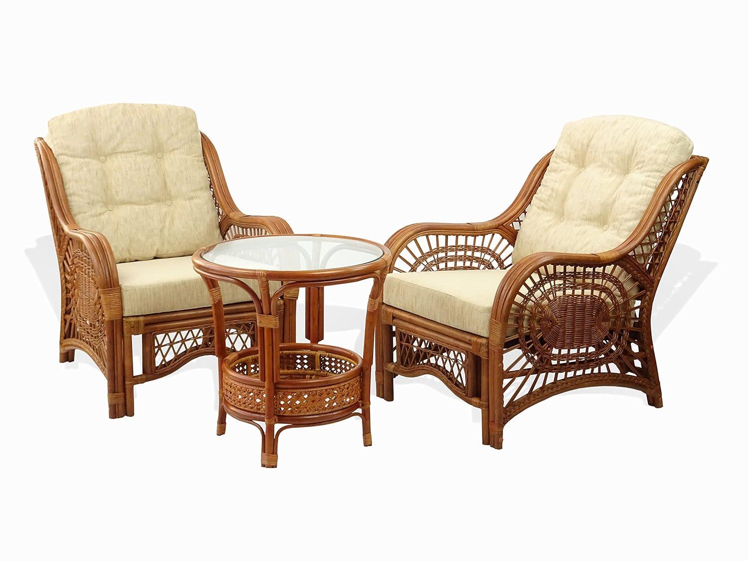 SK New Interiors Pelangi Coffee Round Table Natural Rattan Wicker with Glass Top Handmade, Colonial