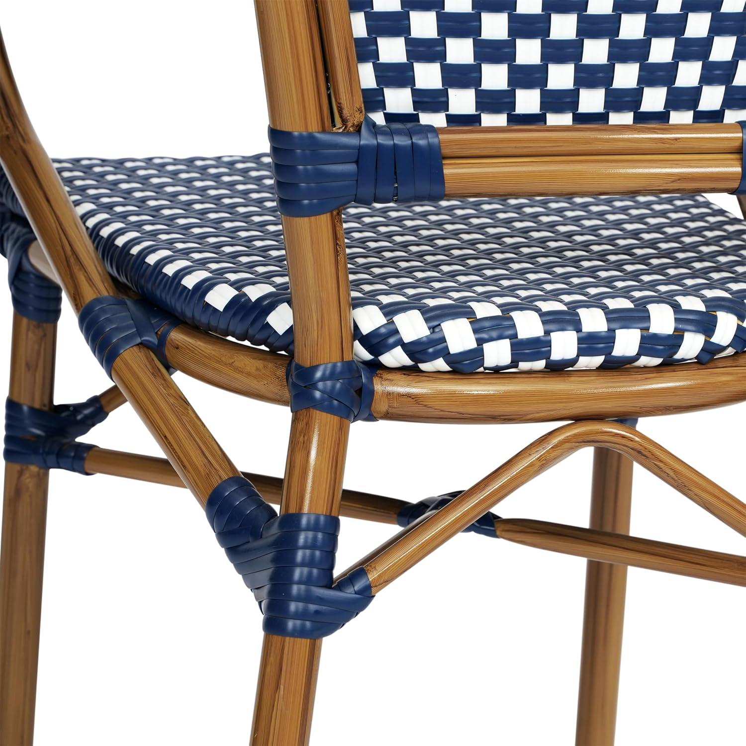 Flash Furniture 4 PK Bordeaux Indoor/Outdoor Commercial Bistro Stacking Chair w/ Arms, Navy & White PE Rattan & Bamboo Print Aluminum Frame in Natural