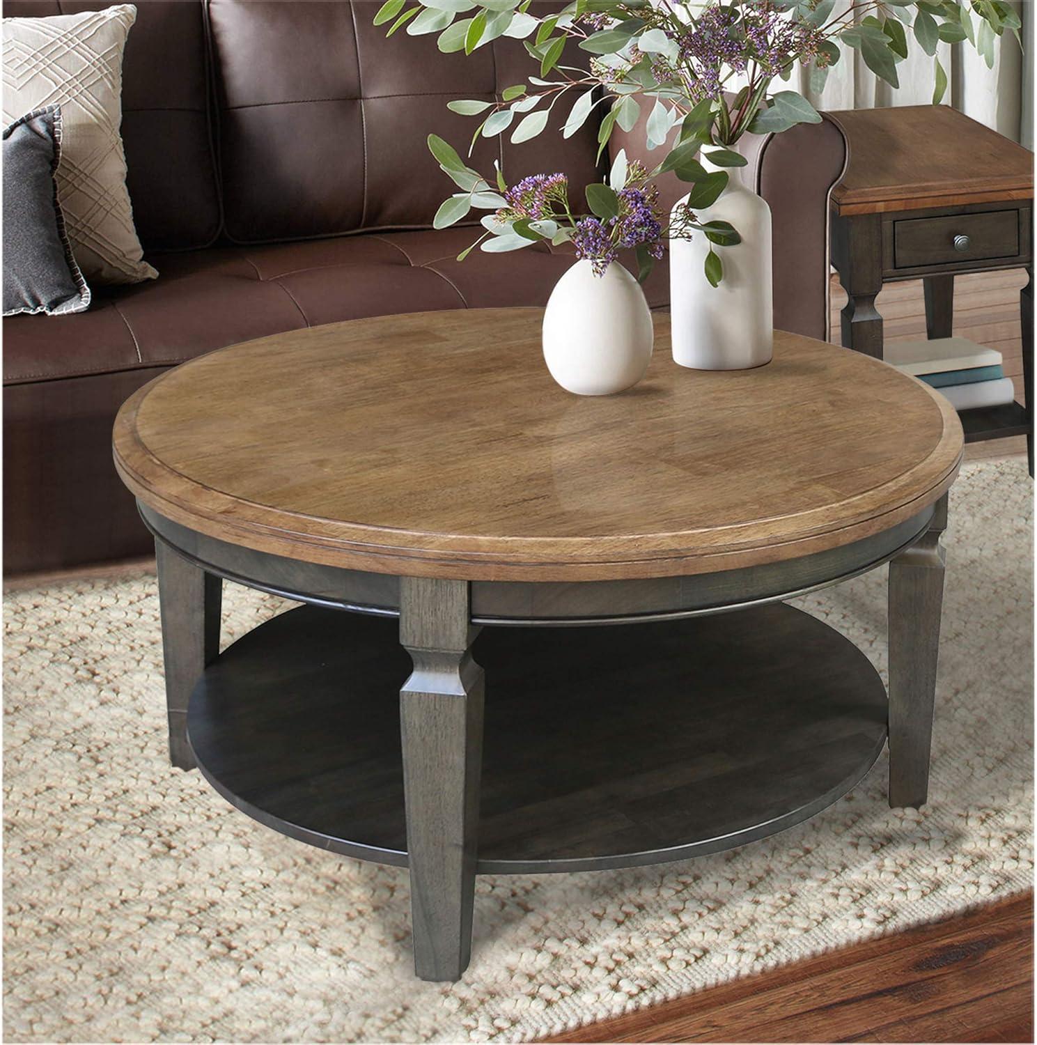 Vista Round Coffee Table Hickory Brown - International Concepts: Solid Wood, Mid-Century Modern, Fixed Shelf