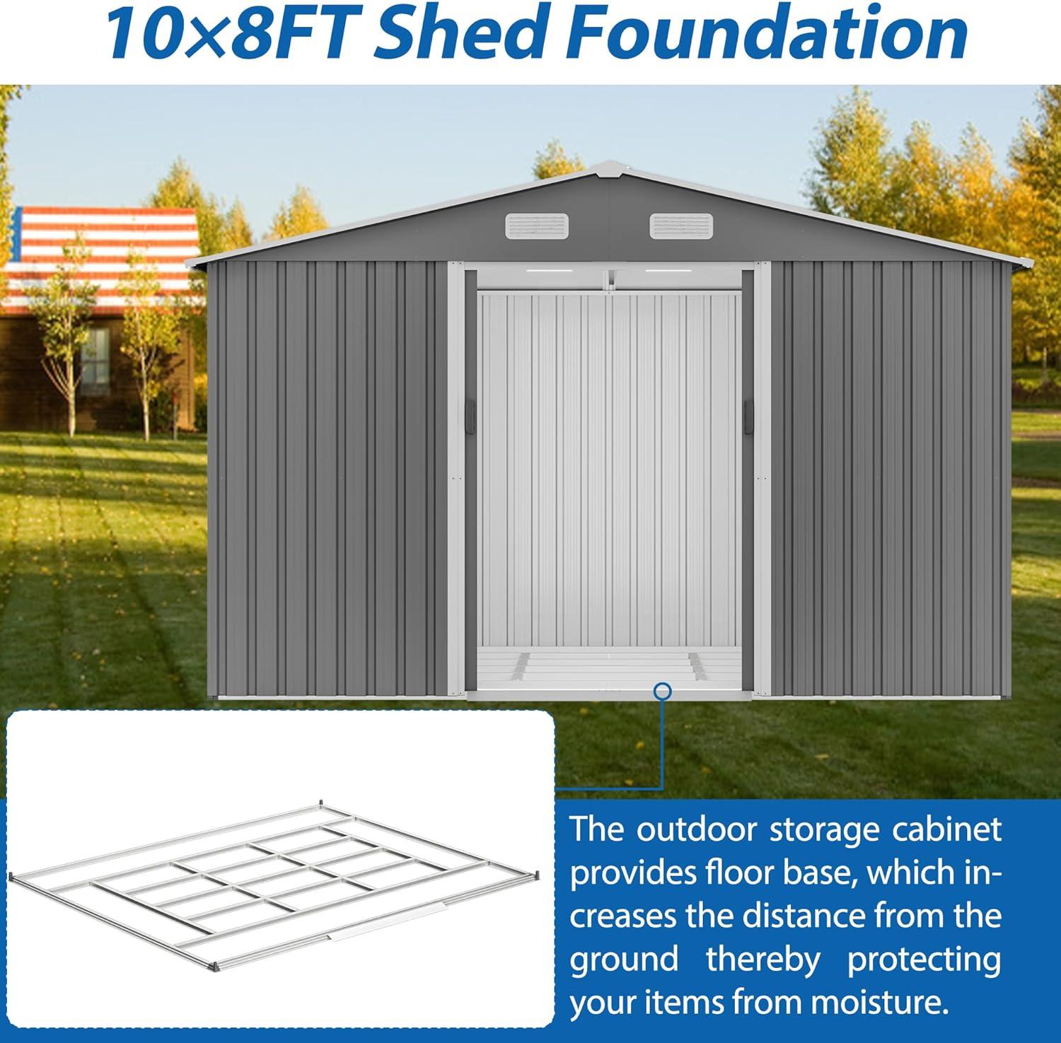 10X8 FT Outdoor Tool Storage Shed with Metal Foundation & Lockable Doors, All Weather Metal Sheds for Garden, Patio, Backyard, Lawn, Gray