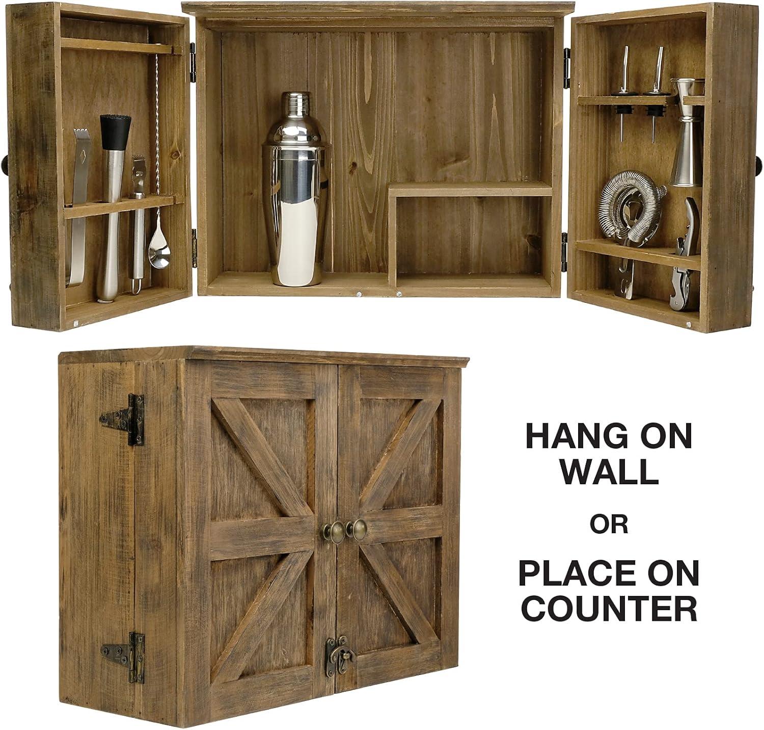 Excello Global Products Barndoor Bartender Cabinet with 12 Piece Bar Tool Set - Rustic Brown - The Perfect Kit for Home Bartenders - EGP-HD-0423