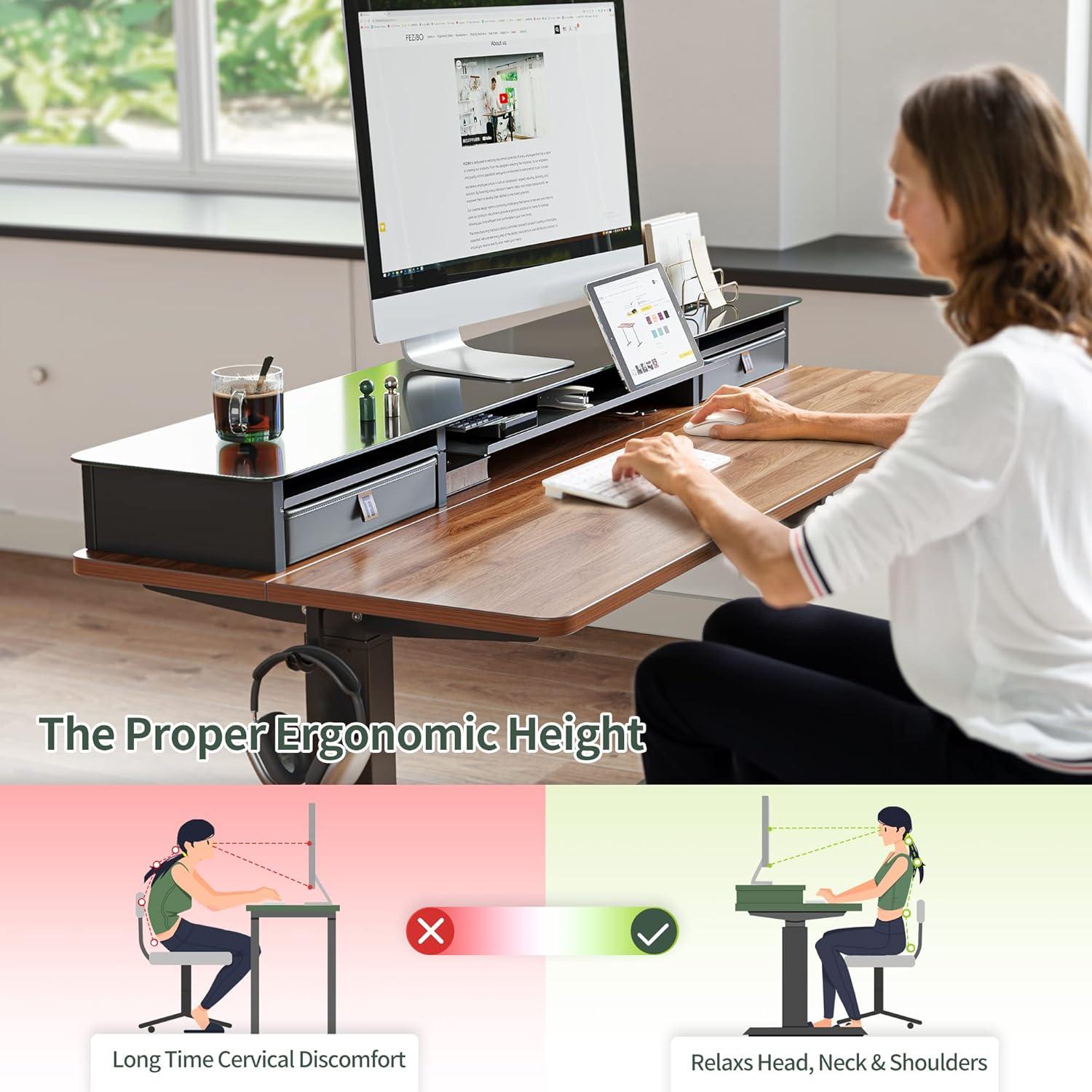 FEZIBO 55 x 24 Inch Height Adjustable Electric Standing Desk with Double Drawer, Sit Stand Desk, Black Walnut