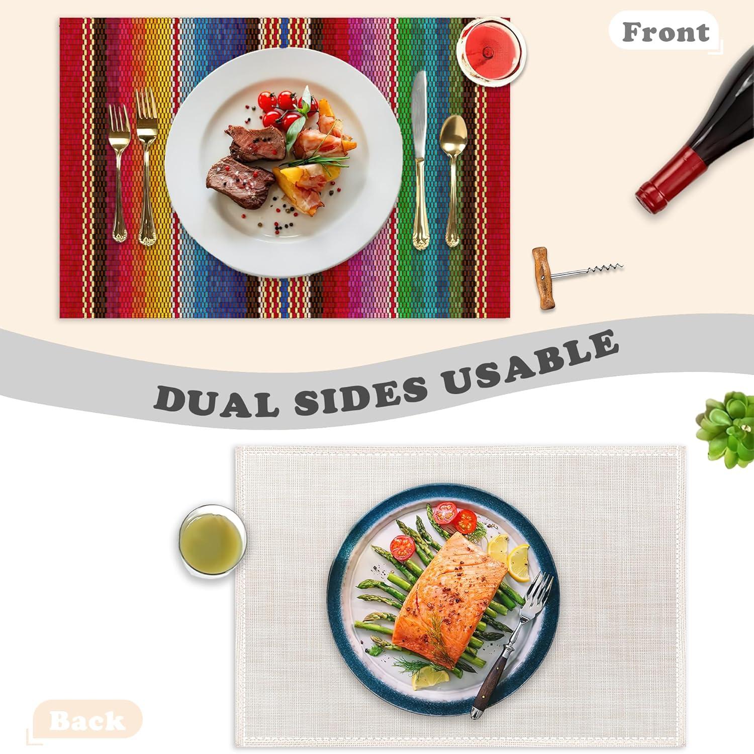 Rainbow Colorful Stripe Mexican Placemats Set of 6,Ethnic Mexican,Waterproof Non-Slip Washable Table Mats Set for Kitchen Dining Holiday Party Wedding Decor 12x18 Inch