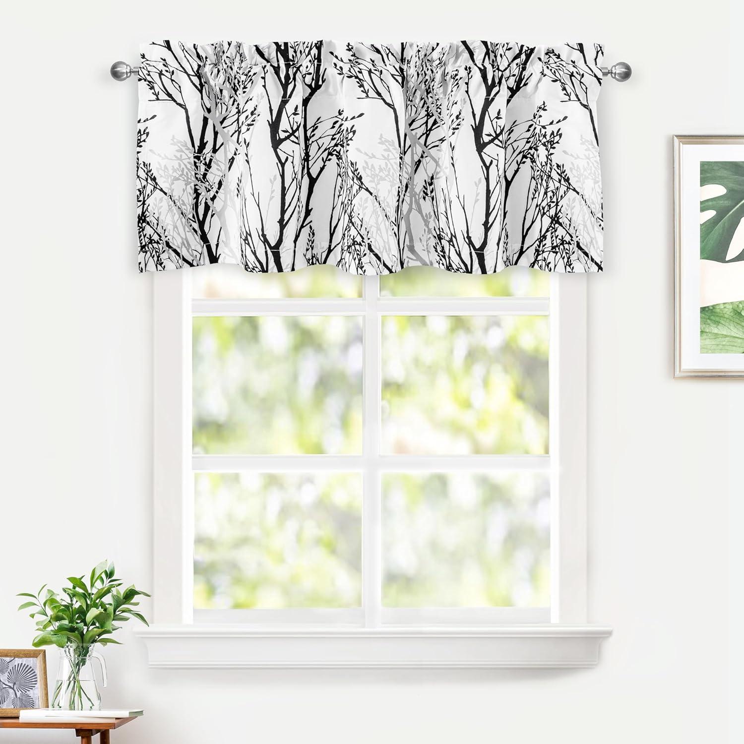 DriftAway Tree Branch Abstract Ink Printing Lined Thermal Insulated Window Curtain Valance Rod Pocket, 52" x 18" Plus 2" Header Black White