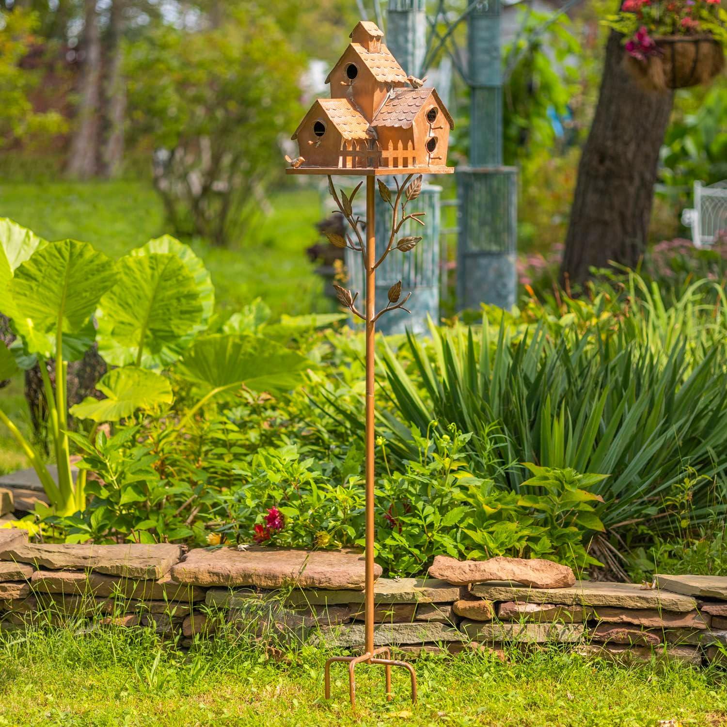Large Copper Colored Multi-Birdhouse Stakes, Room for 4 Bird Families in Each (Castle Home)