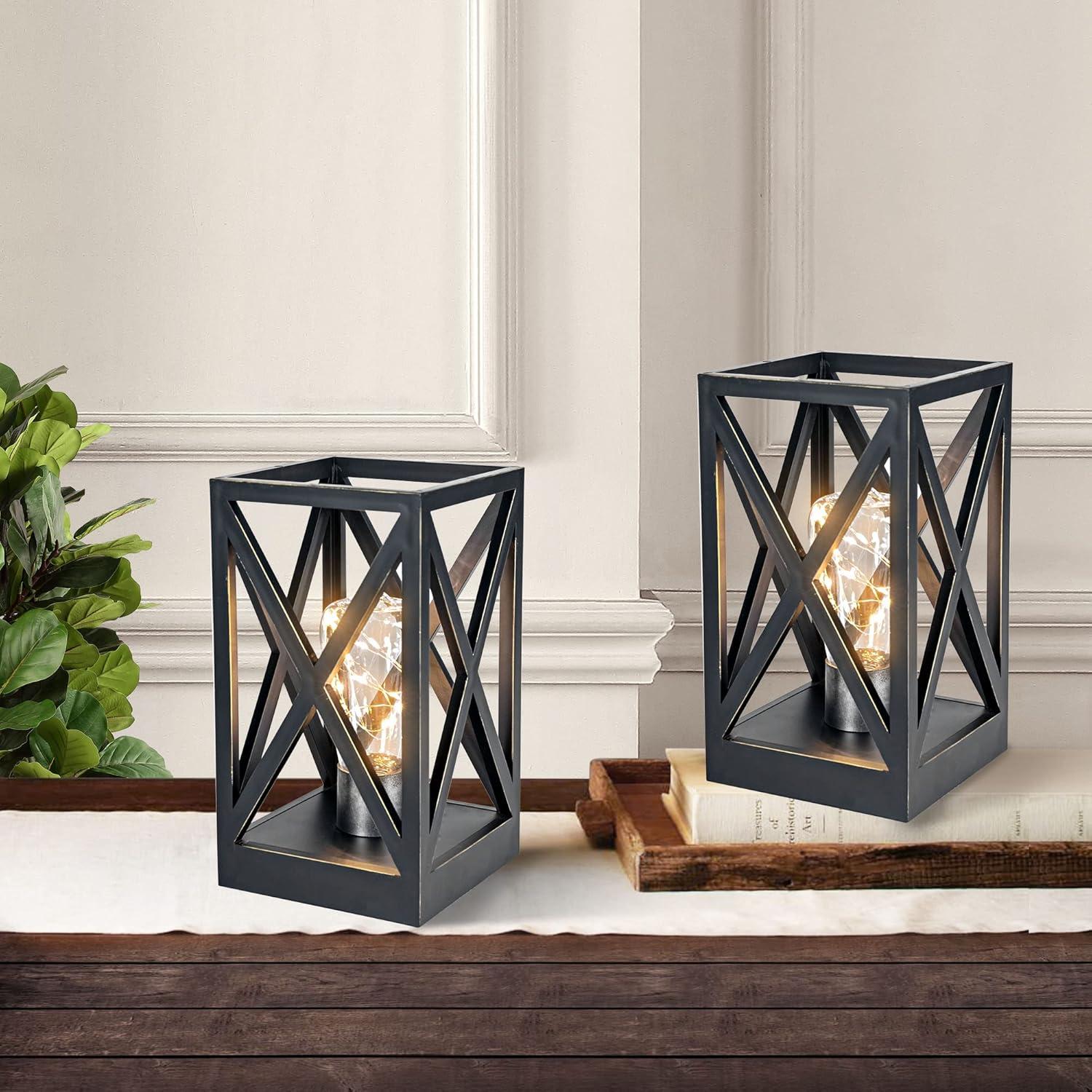 WINGBO 2 Pack Retro Battery Powered Table Lamps, Battery Operated Cordless Lamp Set, Portable Nightlight Decorative Light for Living Room Dining Room Bedroom Entryway Patio, Black & Gold Finish