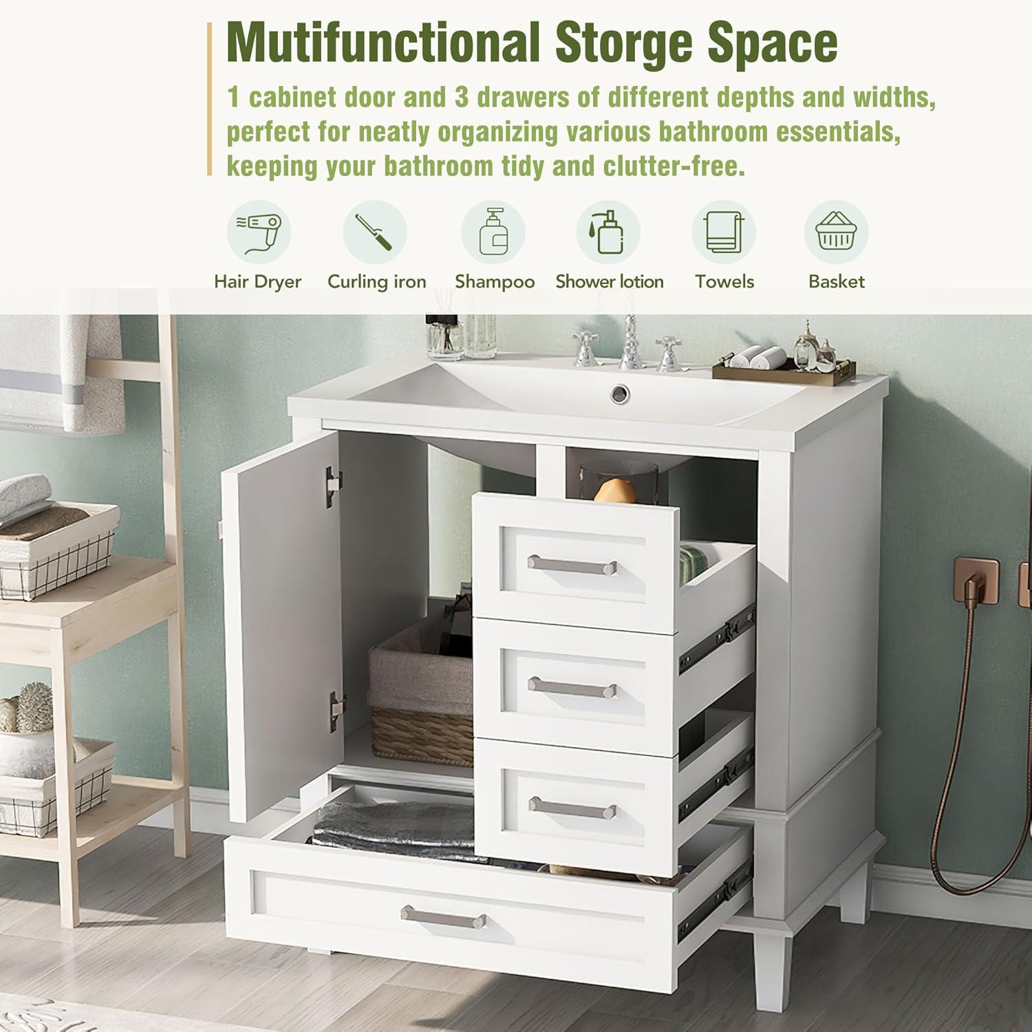 Merax 30 in Bathroom Vanity with Sink,3 Drawers and 4 Doors,Wood Single Sink Bathroom Vanity,Modern White Bathroom Vanities Sink Cabinet Floor Standing with Sink Combo Set