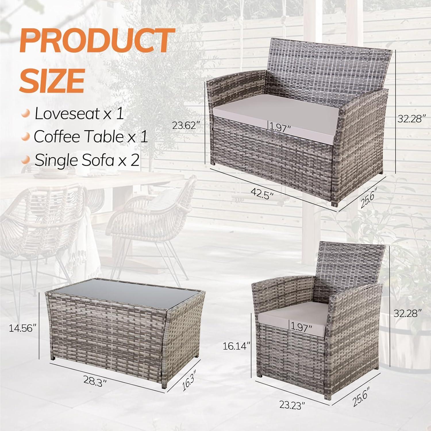4 Piece Patio Furniture Set,Outdoor Wicker Conversation Sets,Rattan Sectional Sofa w/Coffee Table,Seat Cushions for Backyard Porch Garden Poolside (Gray/Gray)