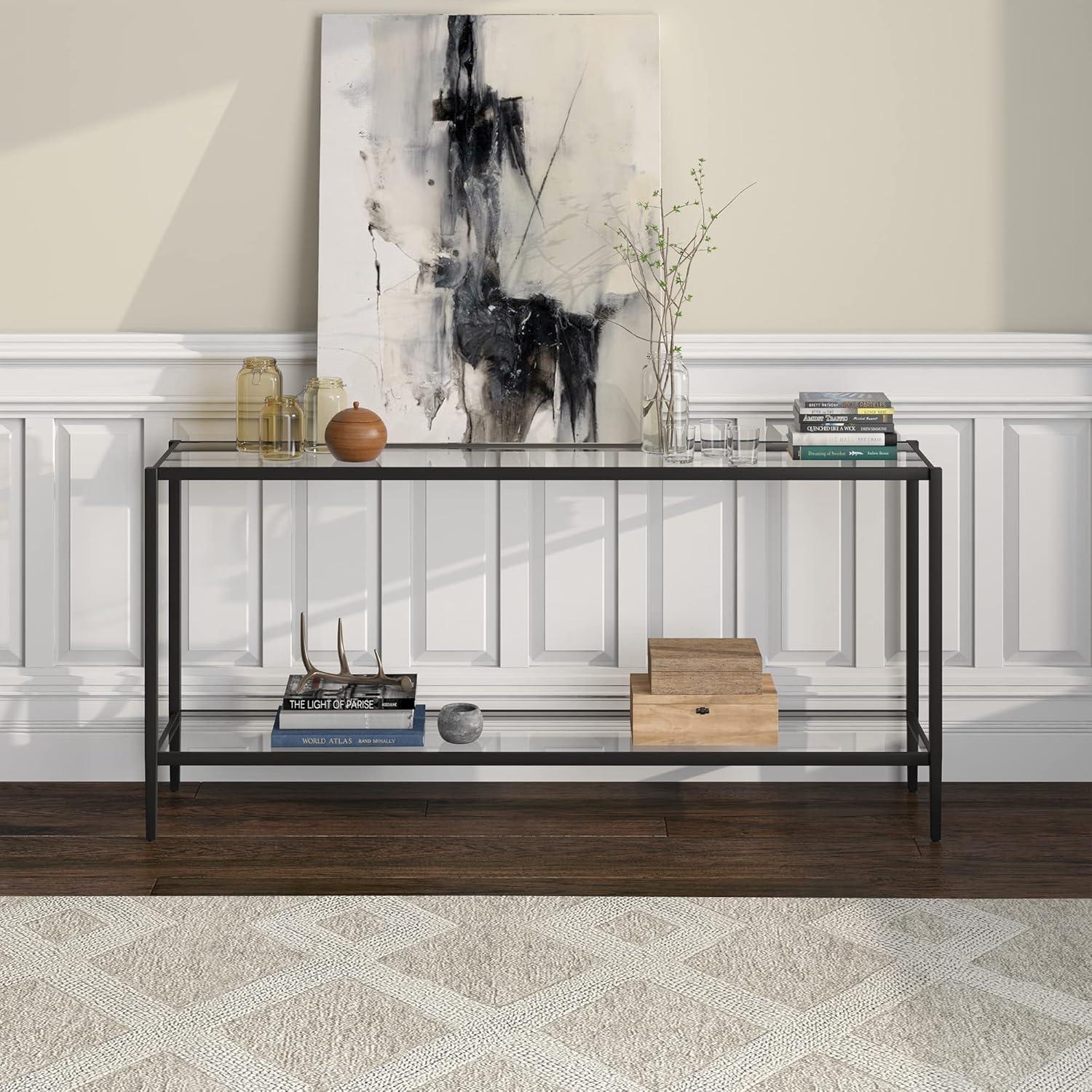 Aurora Modern Mirrored Console Table with Glass Shelf in Blackened Bronze