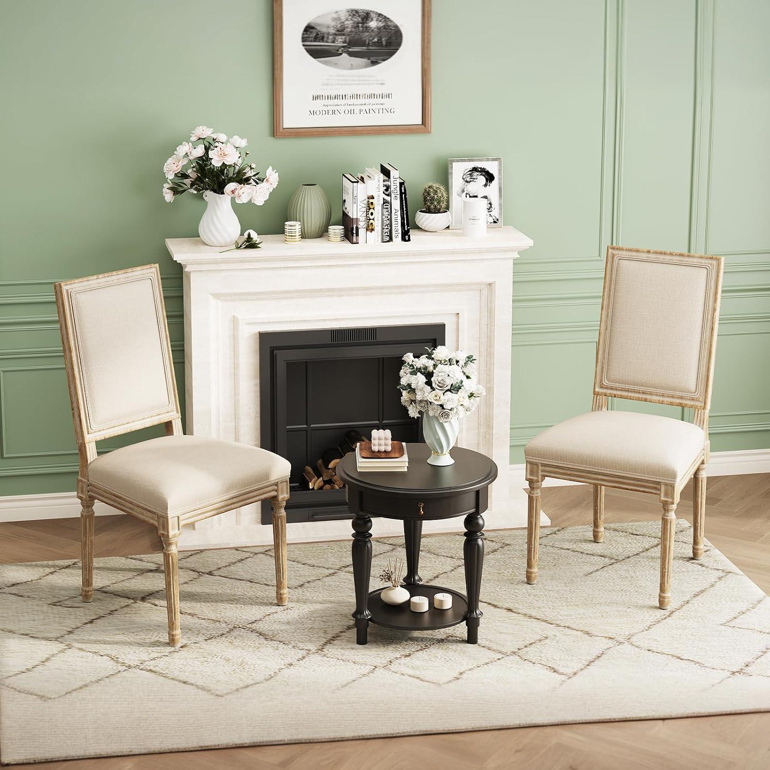 Furniliving French Country Dining Chairs Set of 2, Upholstered Farmhouse Dining Room Chairs, Sherpa Fabric Side Chairs for Kitchen Dining Room, White