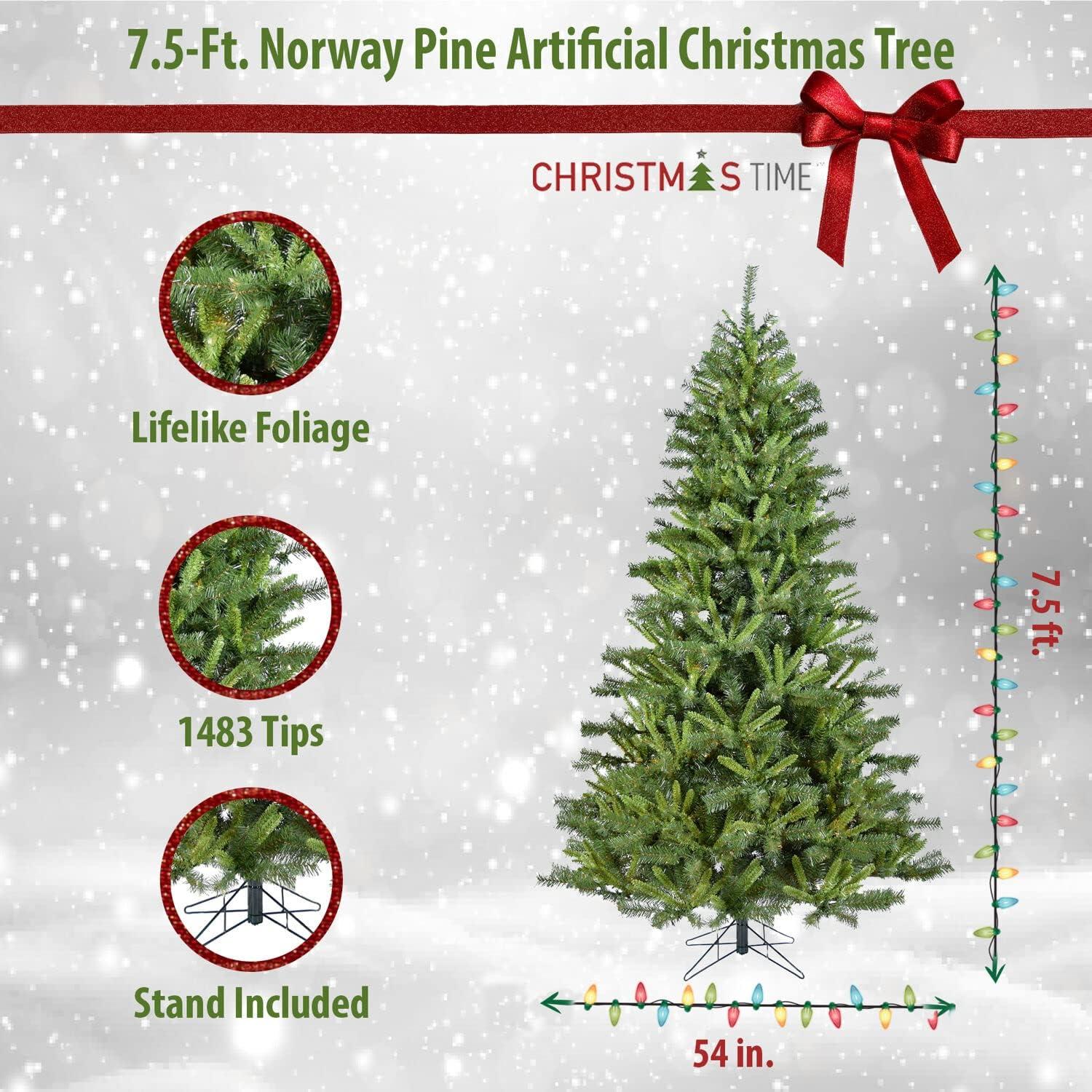 Christmas Time 7.5-Ft. White Pine Snowy Artificial Christmas Tree with Clear LED String Lights Realistic High Quality PVC, Festive Holiday Decor for Home and Office,  Flame Retardant, CT-WP075-LED