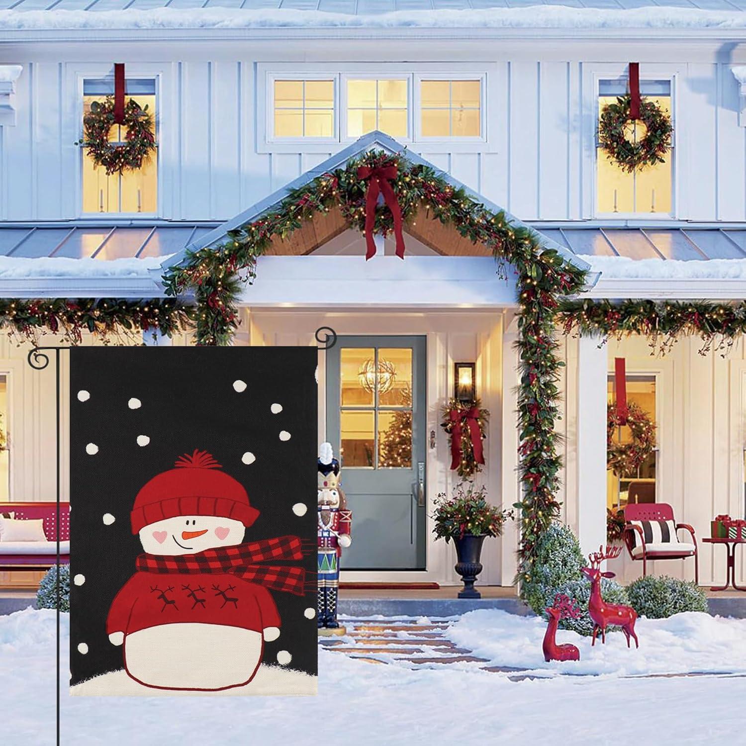 JOOCAR Smile Snowman with Red Scarf Outdoor Yard Flag Decorative Snowflake Winter Garden Flag 12x18 Inch