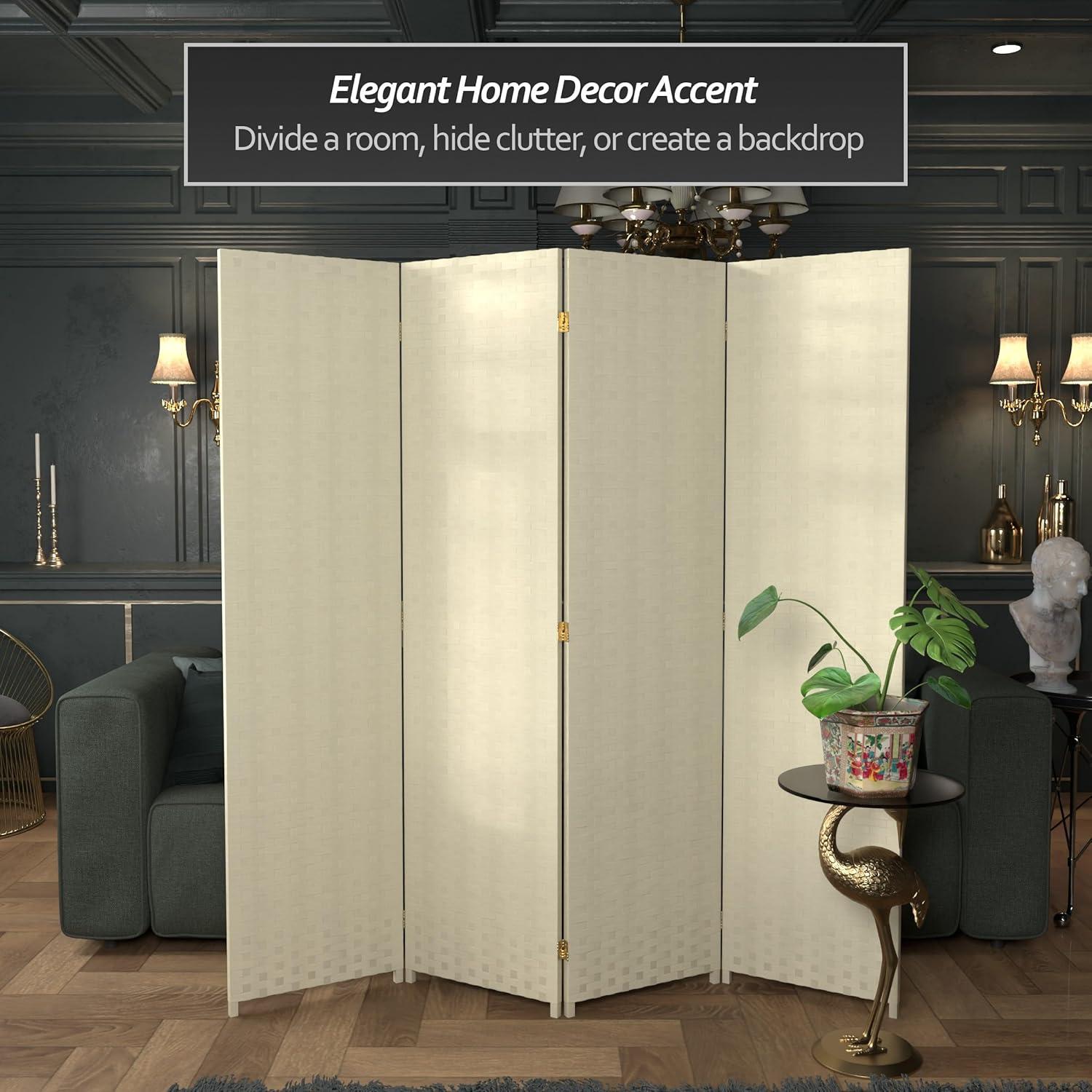 Oriental Furniture 6 ft. Tall Woven Fiber Room Divider - 4 Panel - Cream