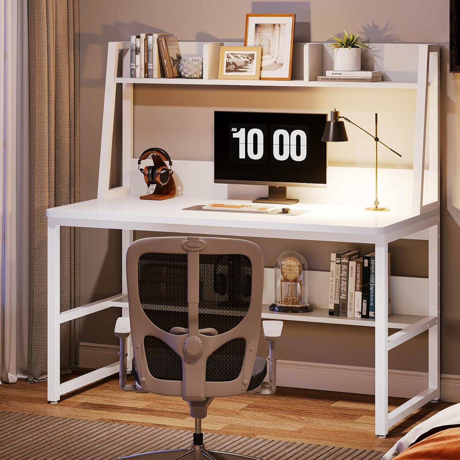 White Particleboard Computer Desk with Hutch and Bookshelf